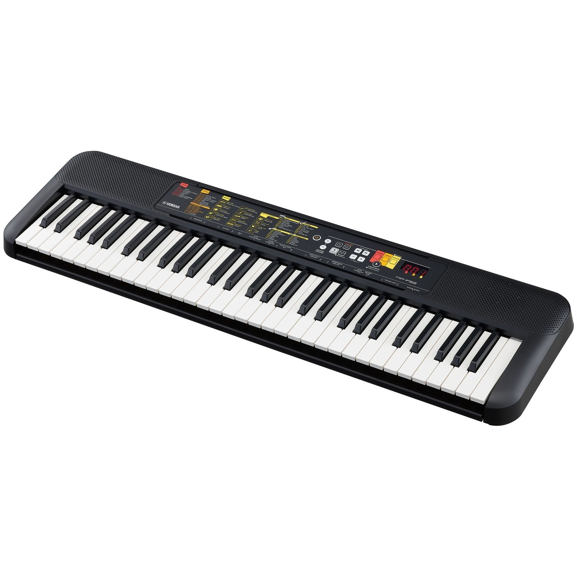 Zwart Yamaha keyboard met witte en zwarte toetsen en een bedieningspaneel.
