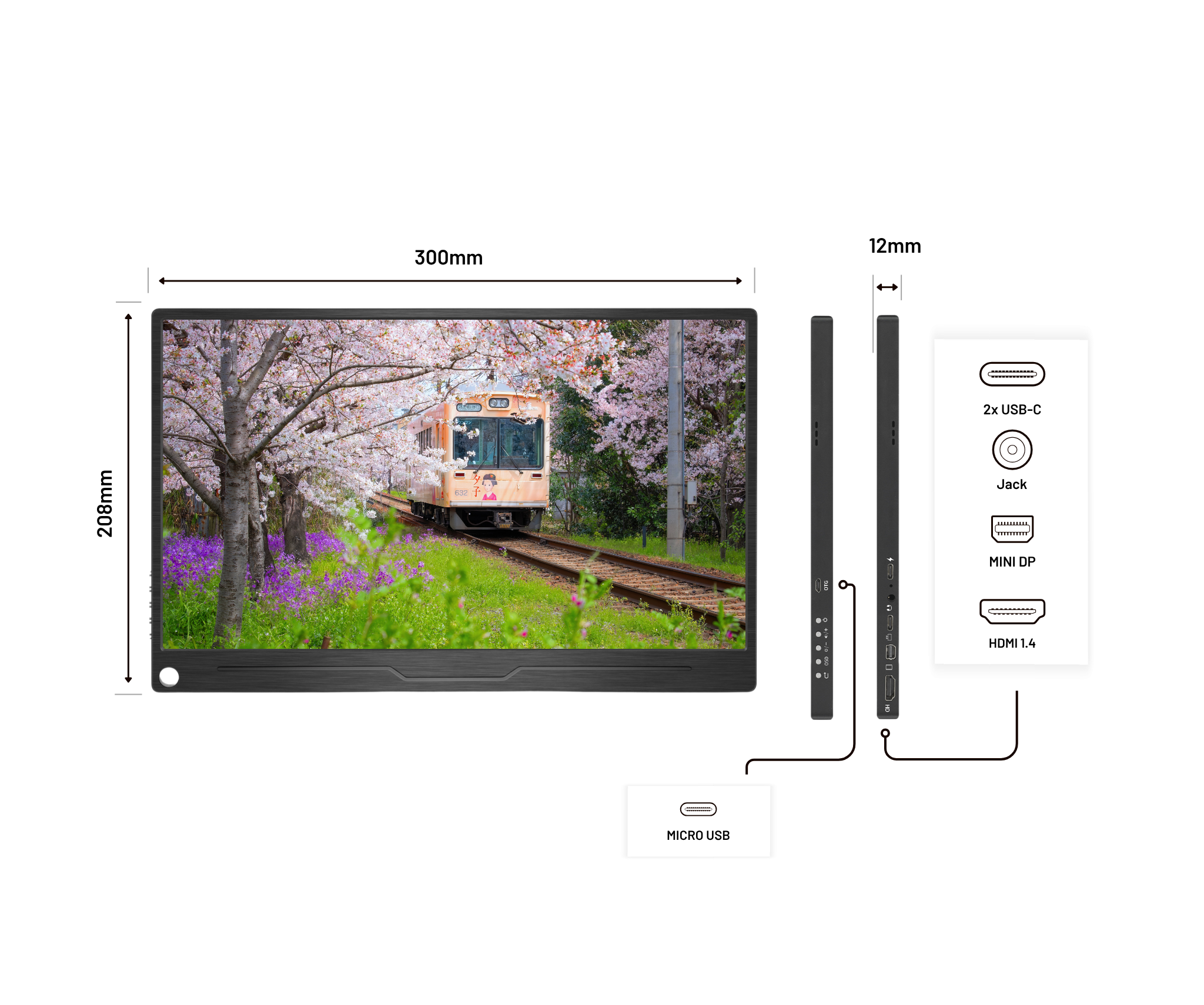 Ein 300mm x 208mm Monitor mit Zug und Kirschblüten-Bild. Anschlüsse: USB-C, Klinke, Mini DP, HDMI 1.4, Micro USB.