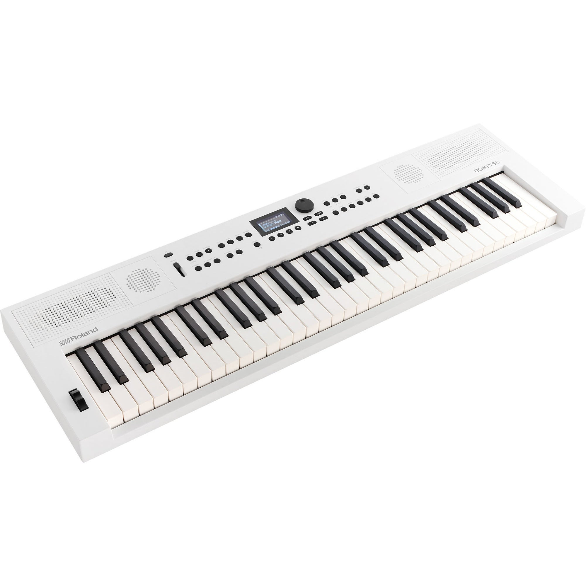 Een witte Roland digitale piano met zwarte en witte toetsen, luidsprekers en een klein display.