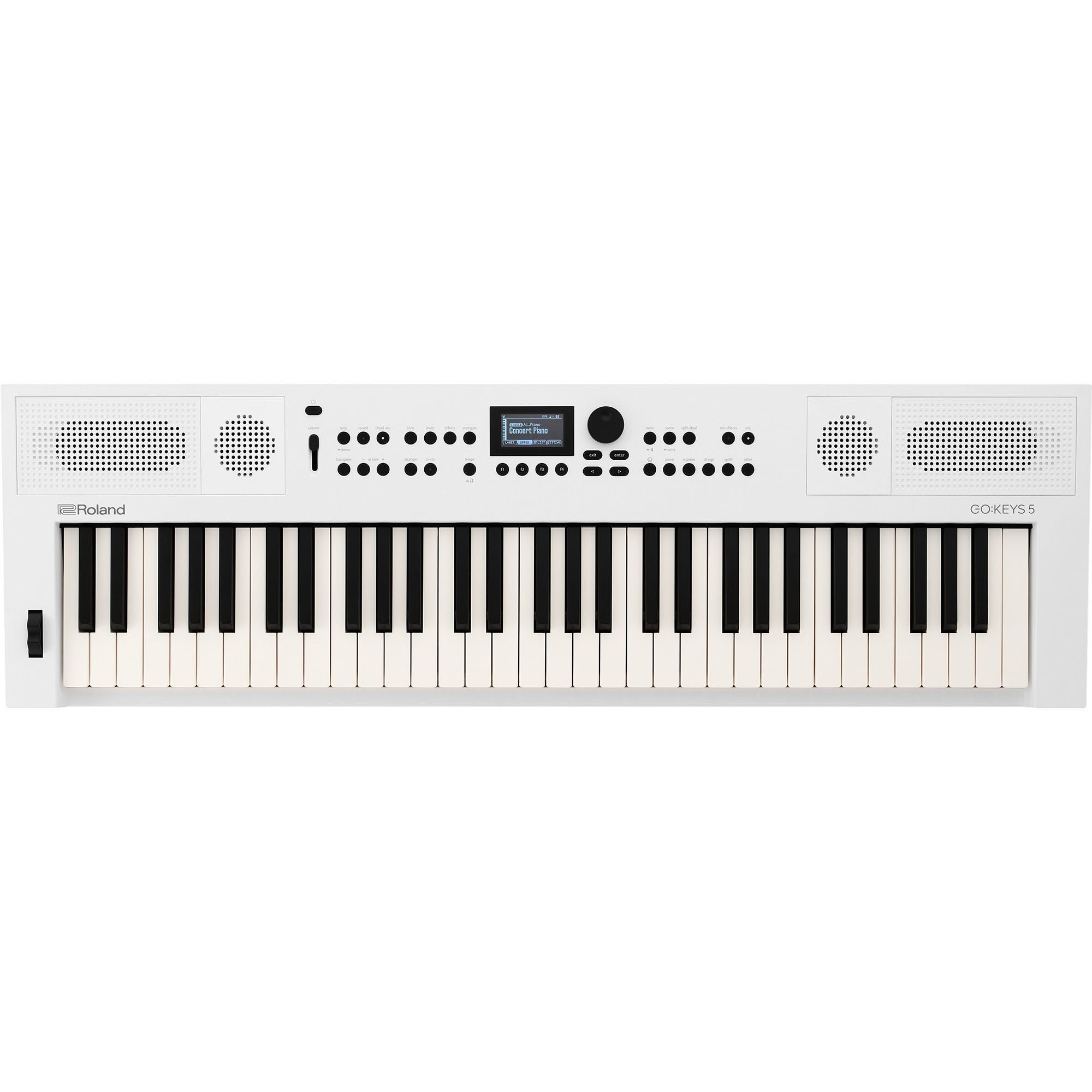Een wit Roland GO:KEYS 5 keyboard met zwarte en witte toetsen, luidsprekers en een scherm.