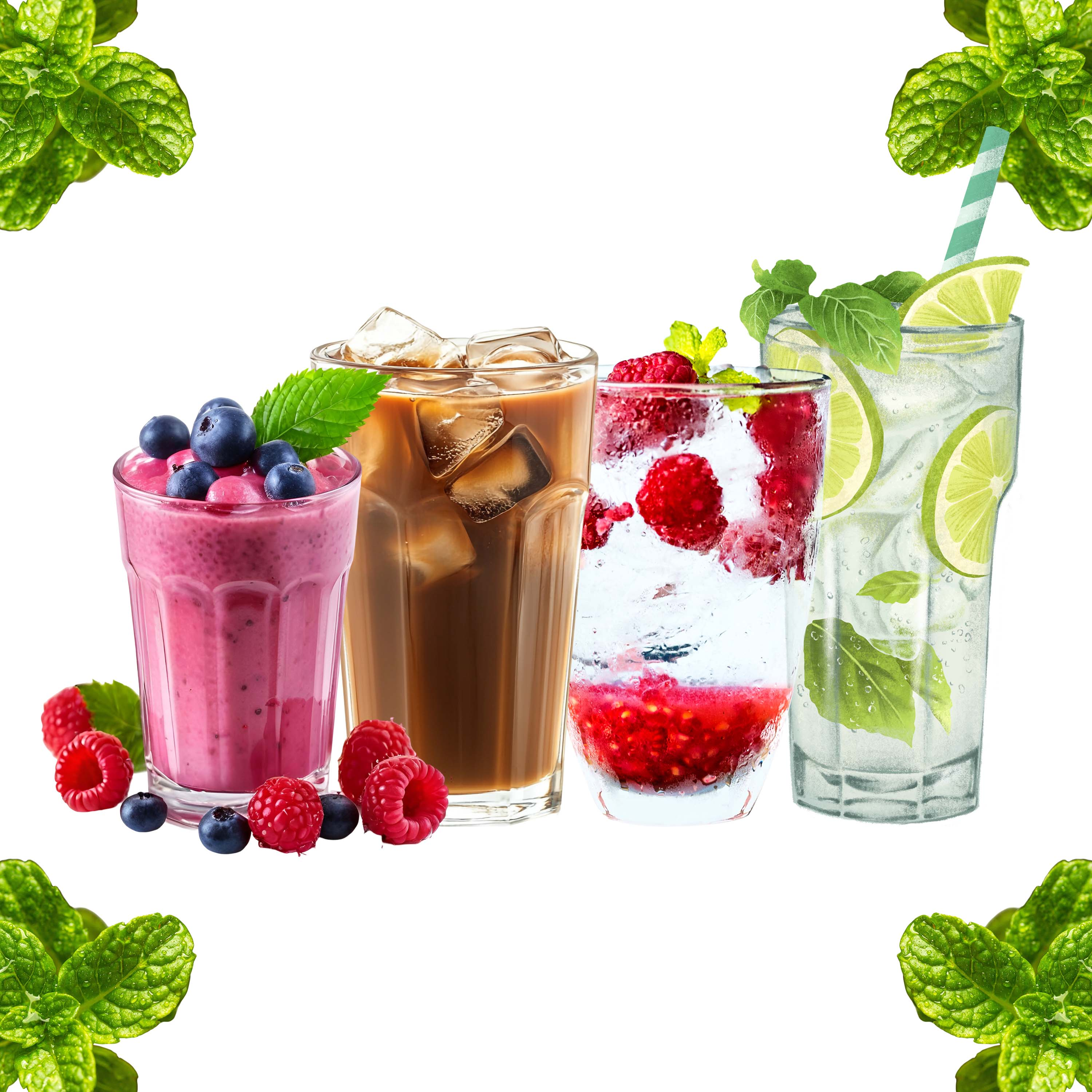 Cztery napoje: smoothie jagodowe, kawa mrożona, napój malinowy i mojito, otoczone liśćmi mięty.