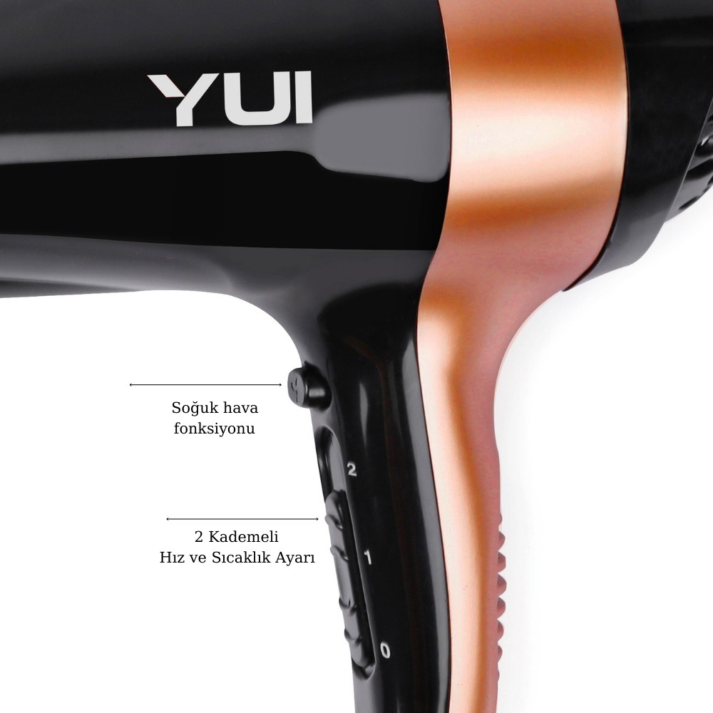 Siyah saç kurutma makinesi, rose gold detaylar, soğuk hava düğmesi ve 2 hız/ısı ayarı.