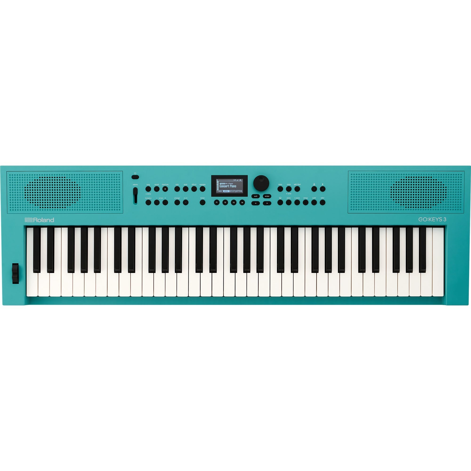 Een turkooizen Roland GO:KEYS 3 synthesizer met zwarte en witte toetsen.