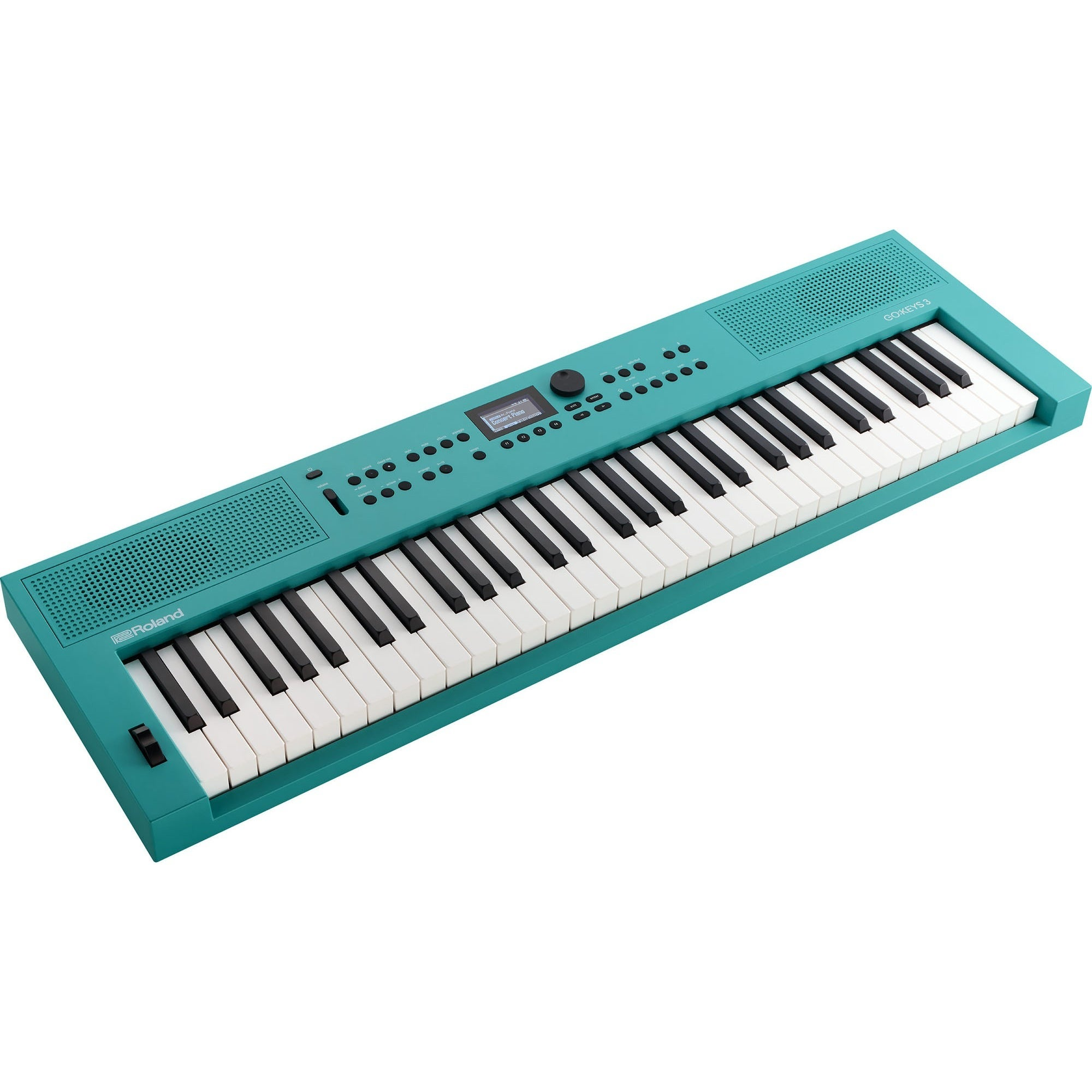 Een turkooizen synthesizer met witte en zwarte toetsen en een klein scherm.