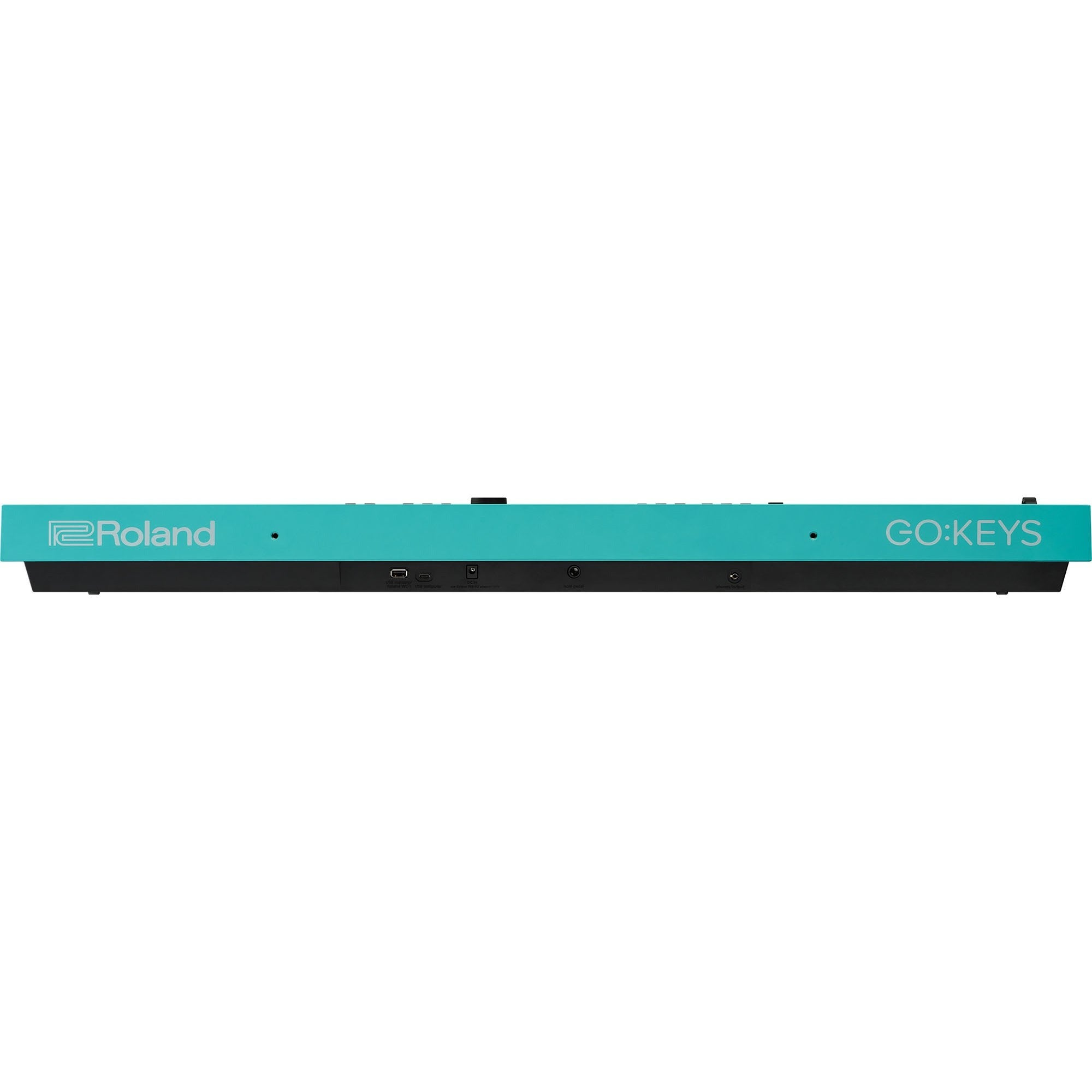 Een turquoise Roland GO:KEYS keyboard met poorten aan de achterkant.