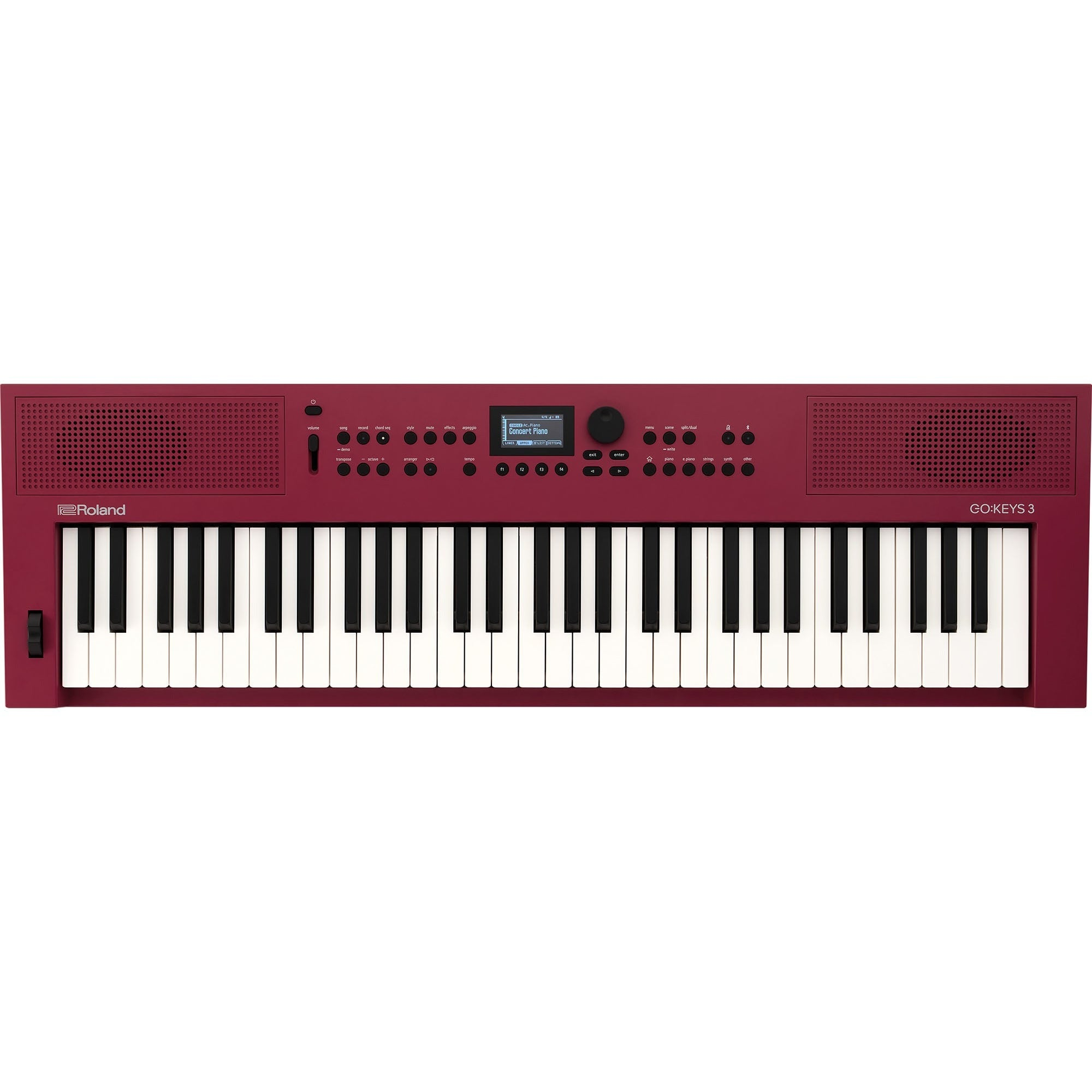 Een bordeauxrood Roland GO:KEYS 3 keyboard met zwarte en witte toetsen.