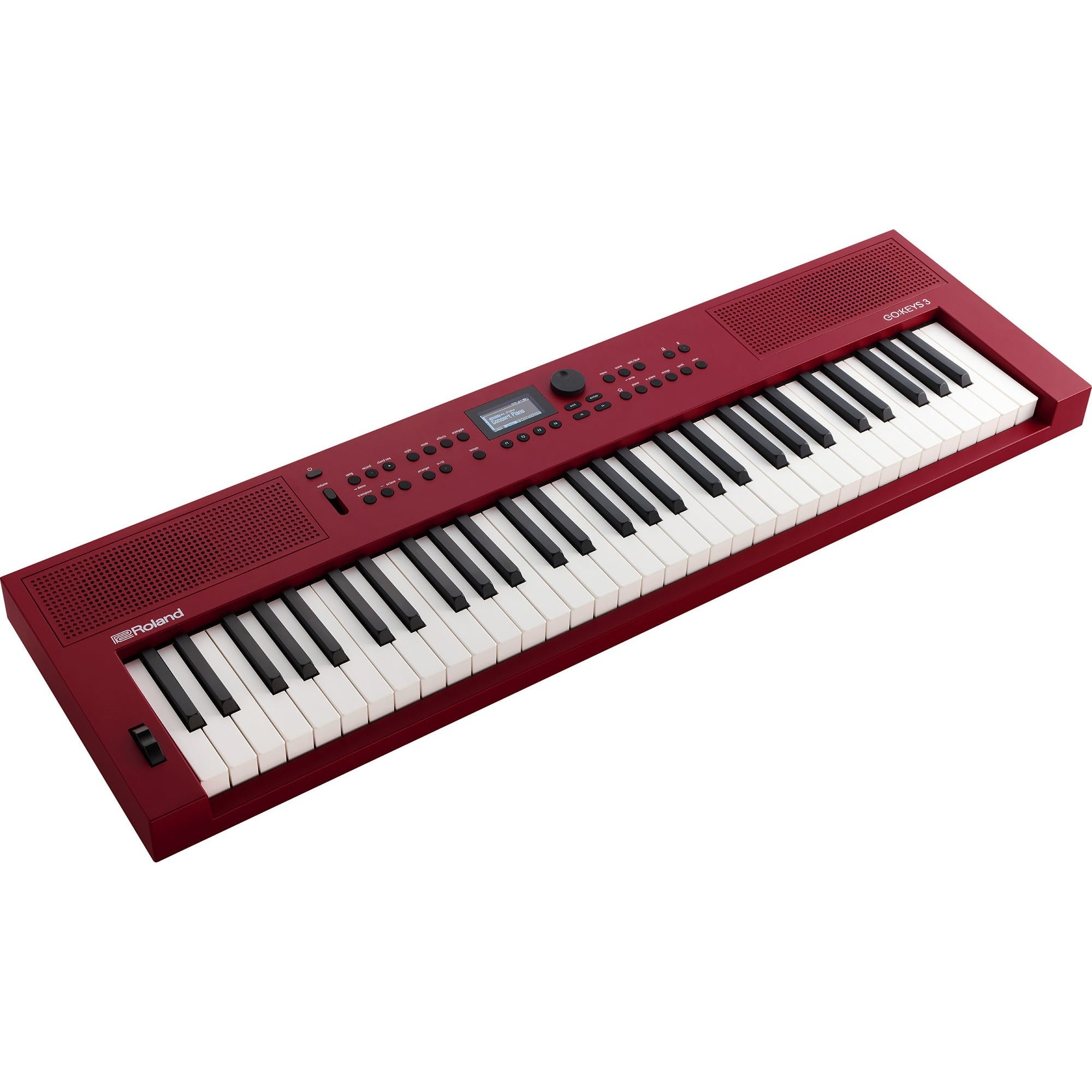 Een rood Roland GO:KEYS 3 keyboard met zwarte en witte toetsen.