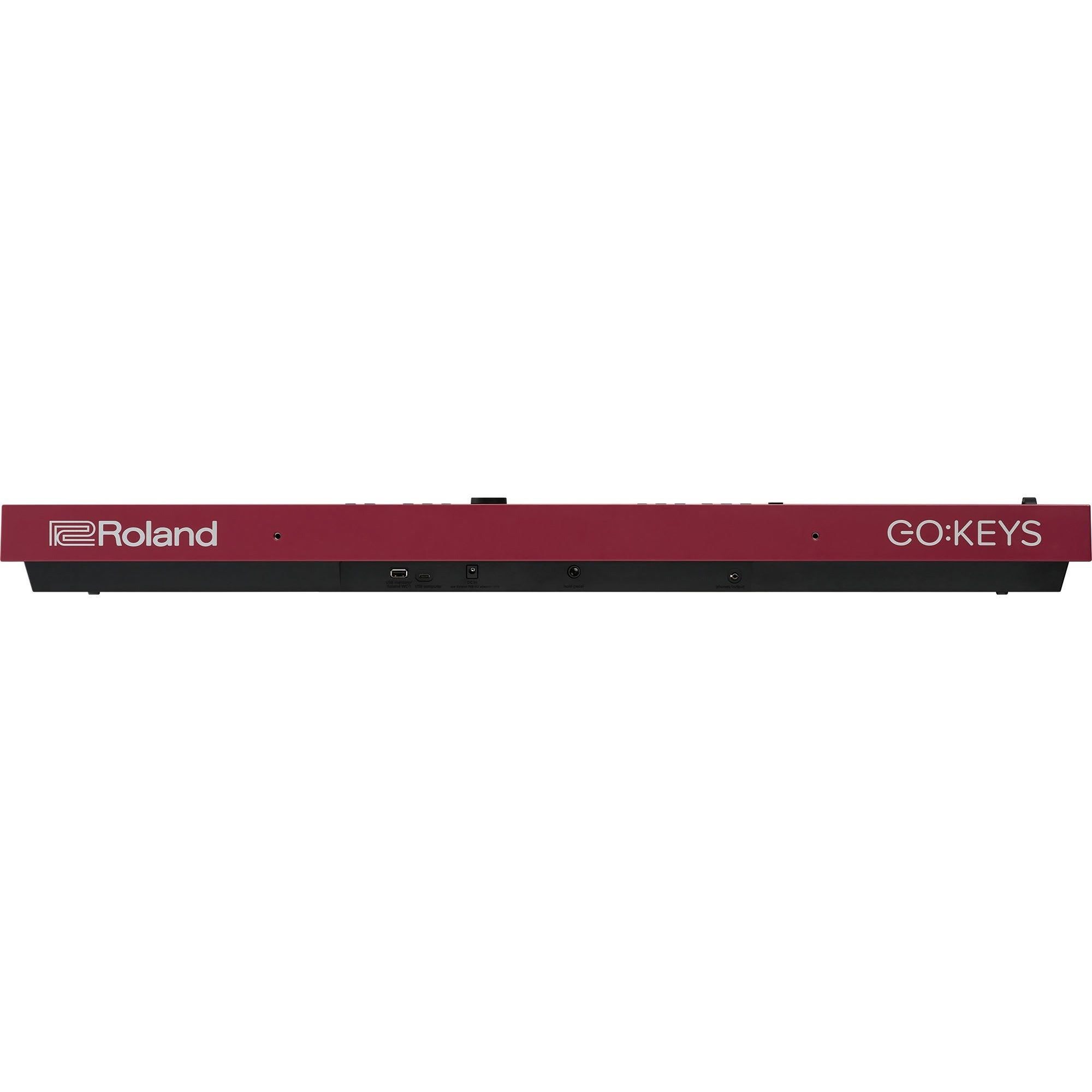 Rood Roland GO:KEYS keyboard met poorten aan de achterkant.