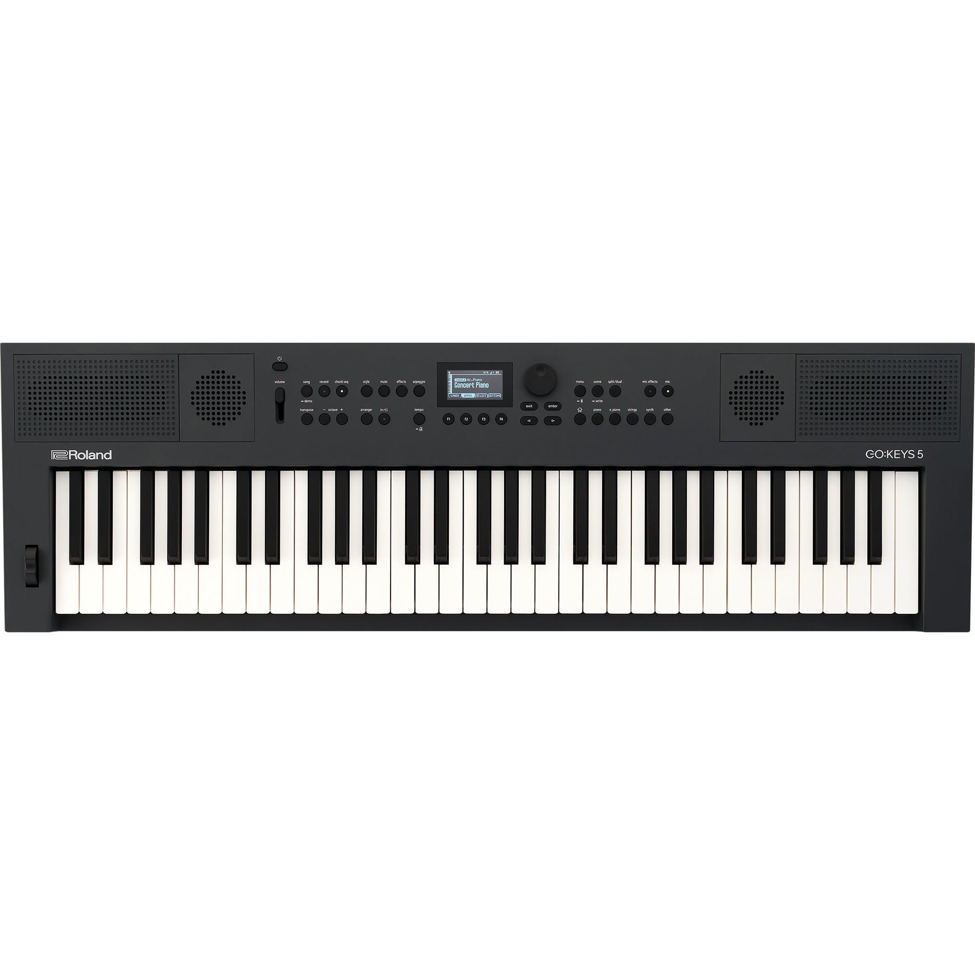 Een zwart Roland GO:KEYS 5 keyboard met witte en zwarte toetsen.
