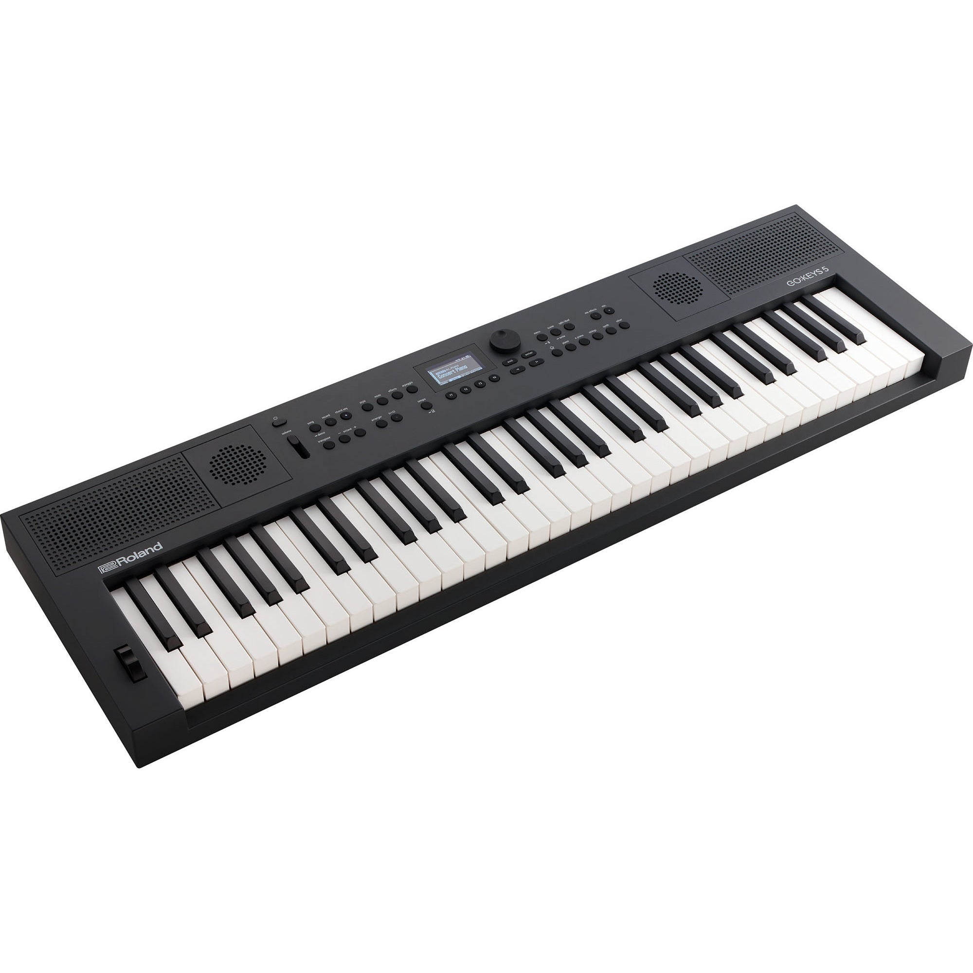 Zwart Roland GO KEYS 5 keyboard met witte en zwarte toetsen, luidsprekers en bedieningspaneel.