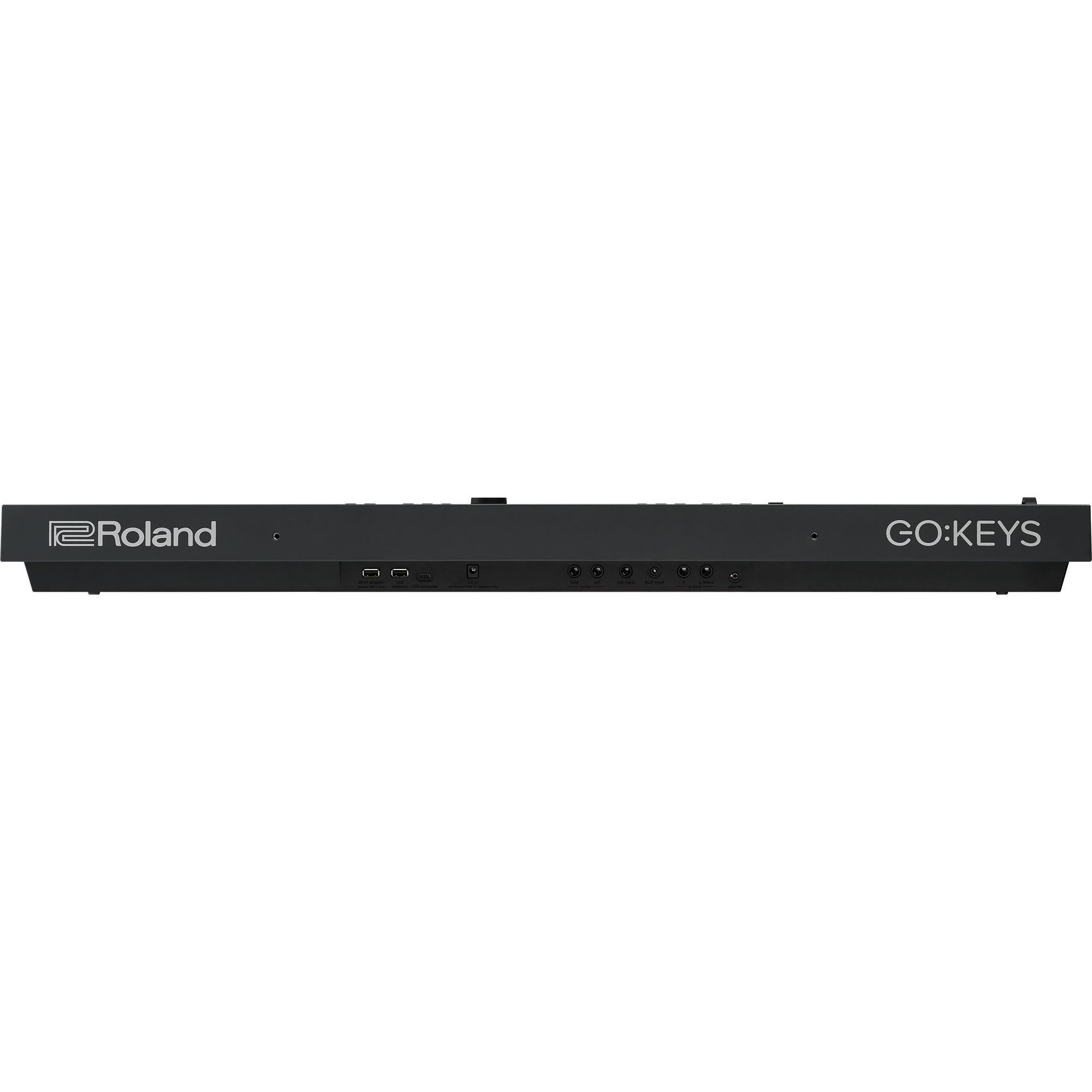 Zwart Roland GO:KEYS keyboard met poorten aan de achterkant. USB, DC, pedaal, audio.
