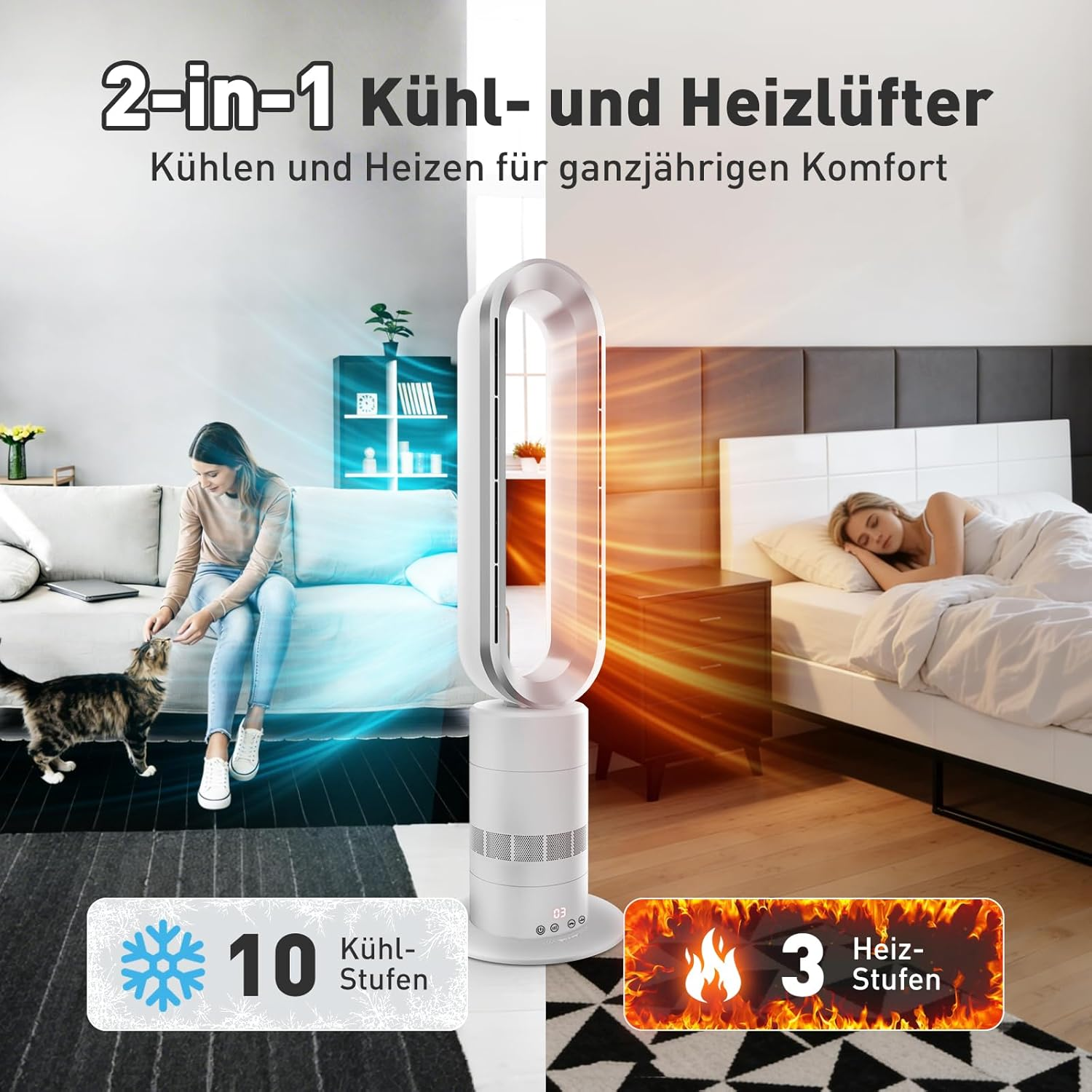 Ein 2-in-1 Kühl- und Heizlüfter mit Frau und Katze im Wohnzimmer und Frau im Schlafzimmer.