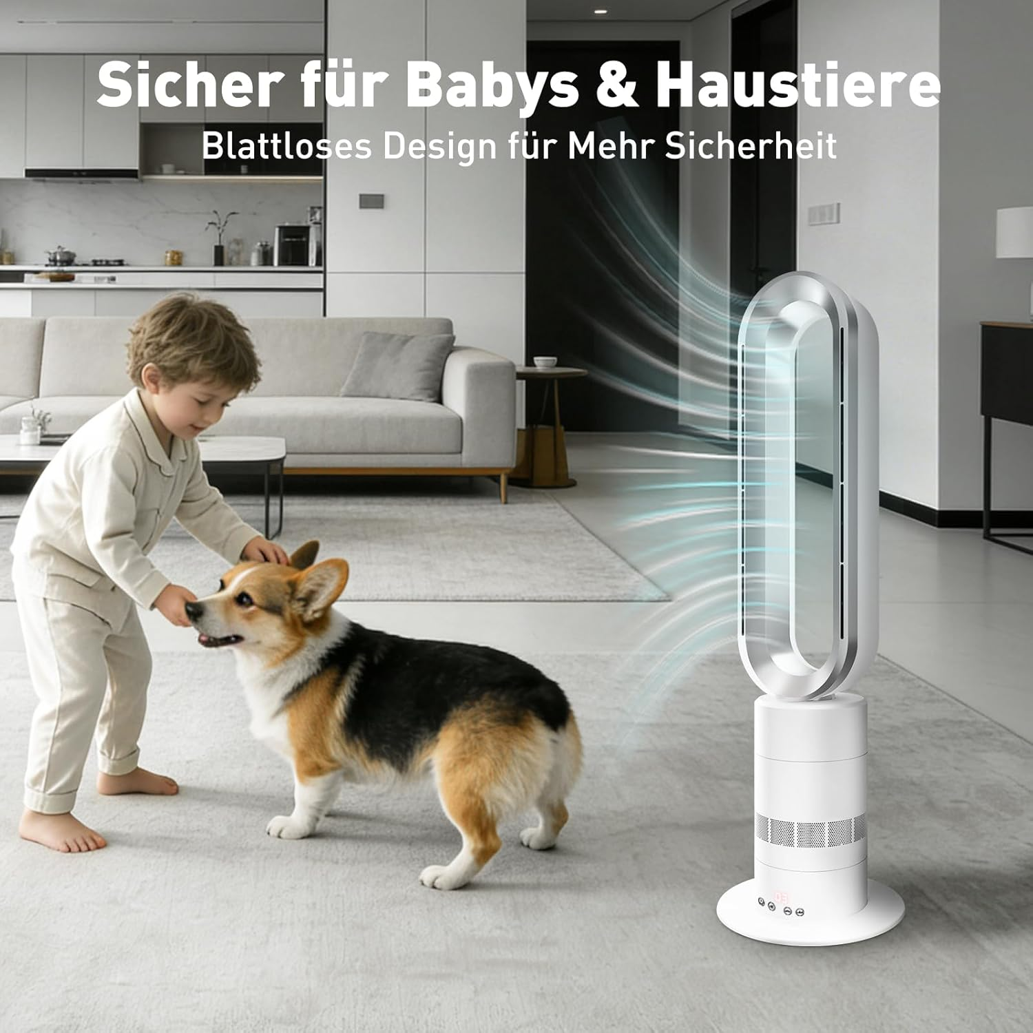 Ein Junge spielt mit einem Hund neben einem bladeless Fan in einem modernen Wohnzimmer.