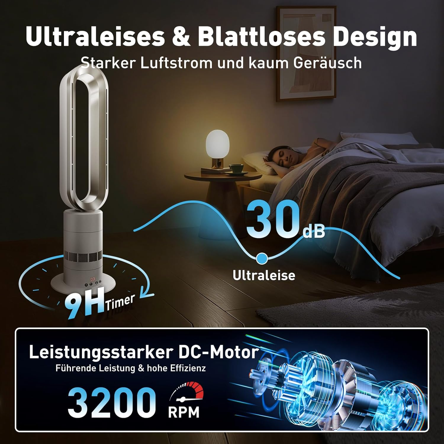 Ein leiser Turmventilator mit 9h Timer und 30dB Geräuschpegel schläft neben einem Bett.