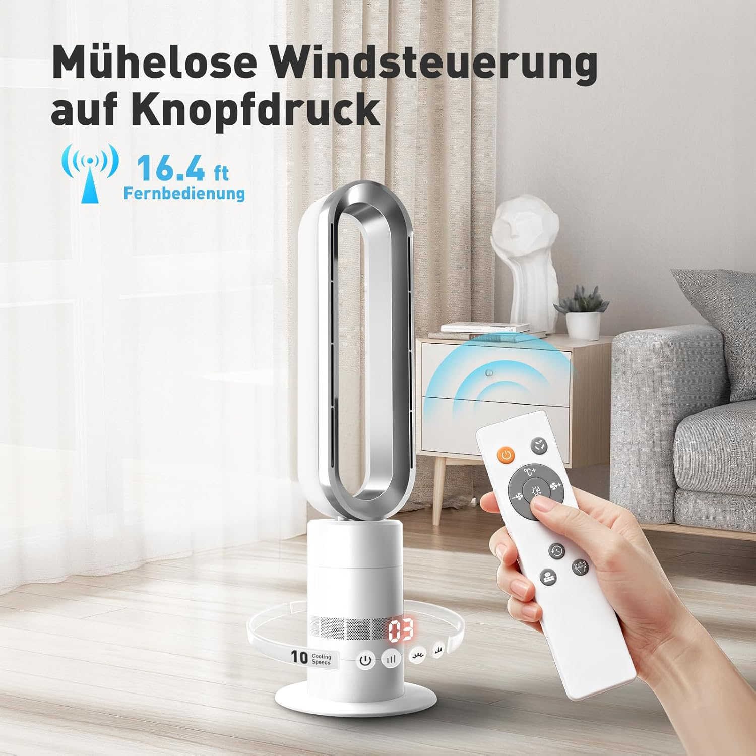 Ein weißer Turmventilator mit Fernbedienung und 10 Geschwindigkeiten.
