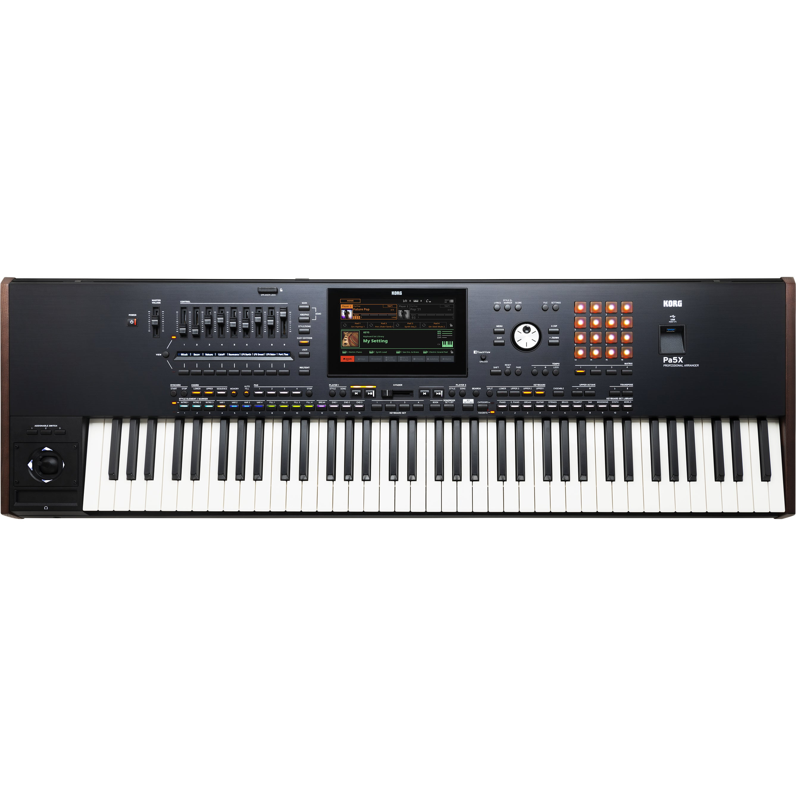A black Korg Pa5X professional arranger keyboard with many keys and buttons.