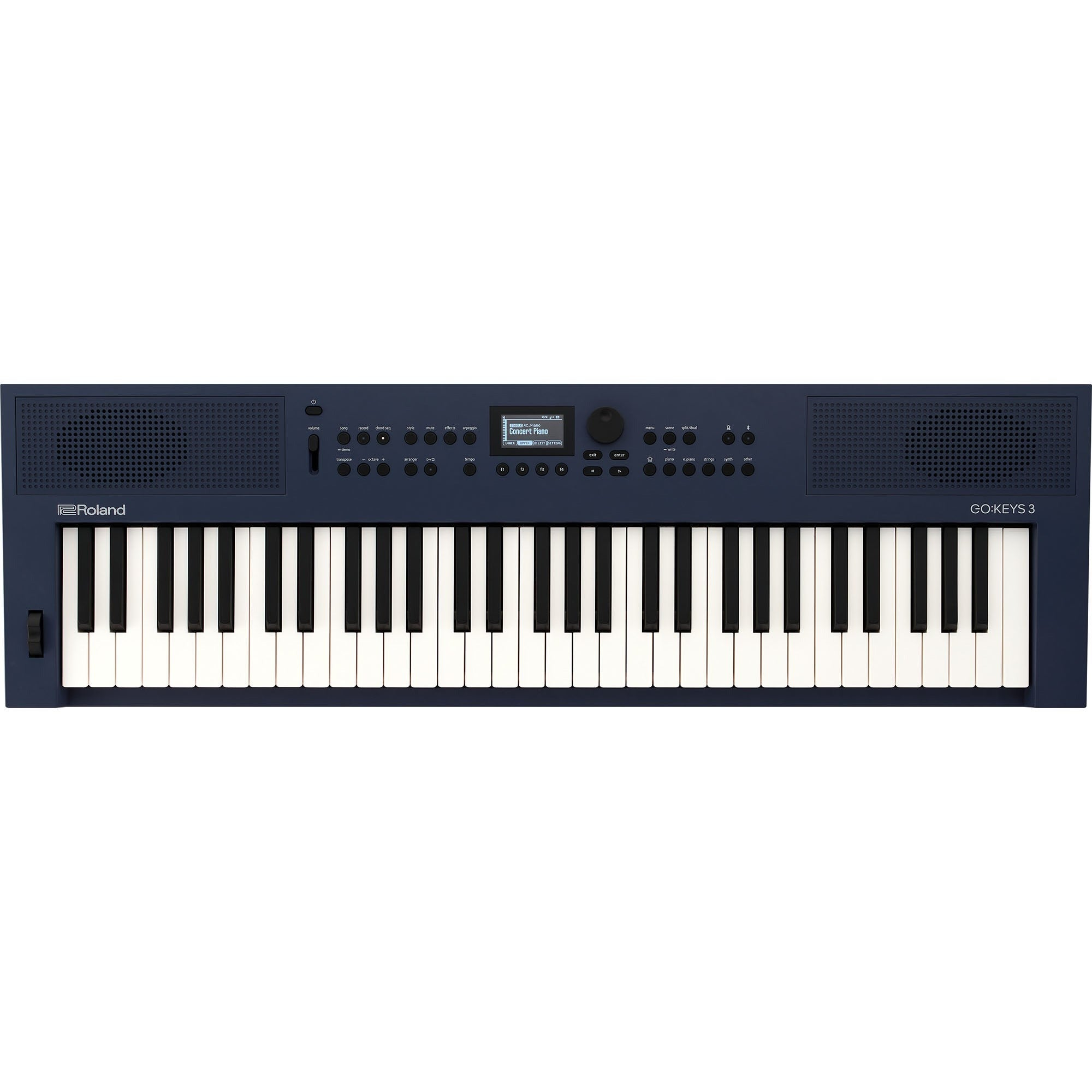 A dark blue Roland GO:KEYS 3 keyboard with white and black keys.
