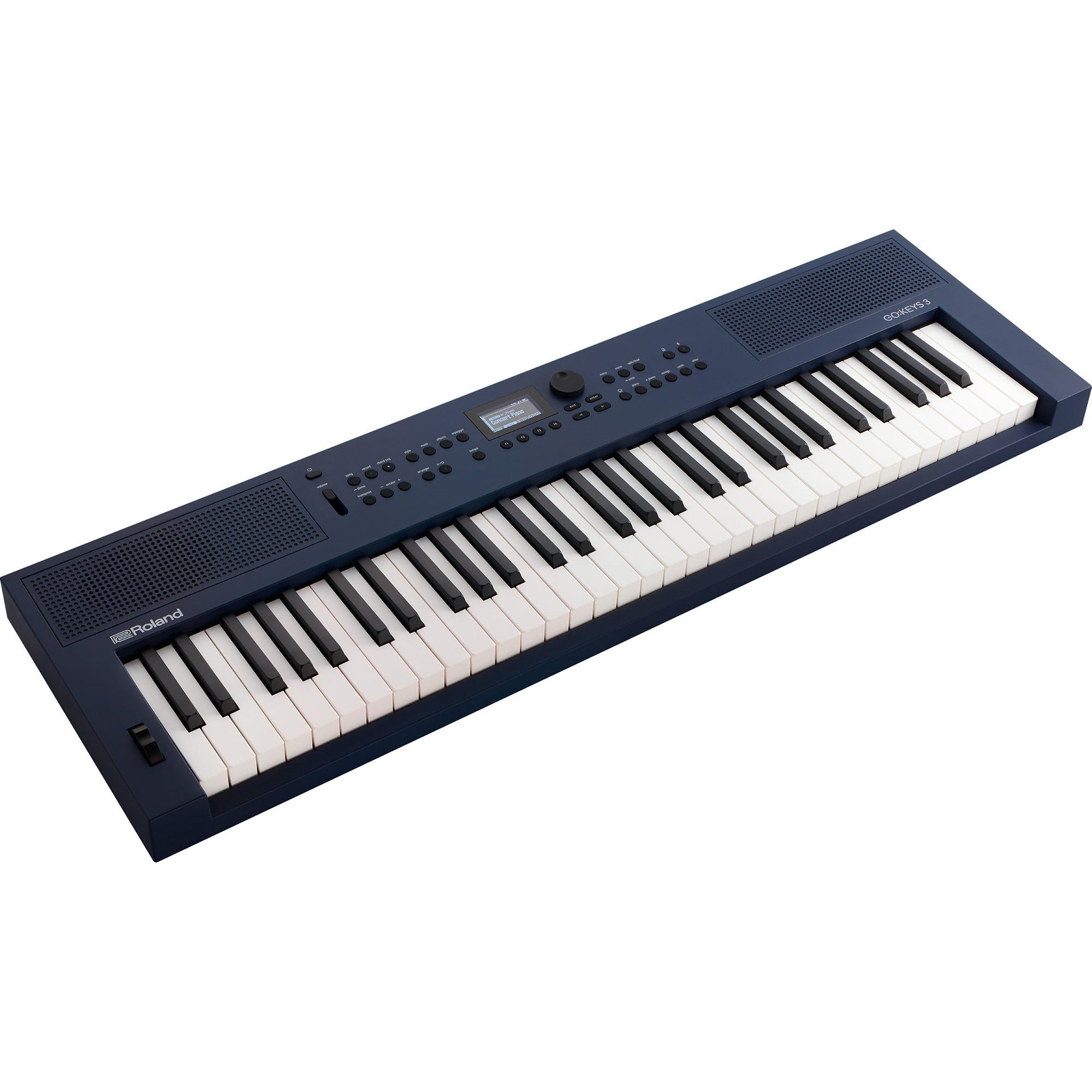 A dark blue keyboard with white and black keys rests on a white background.