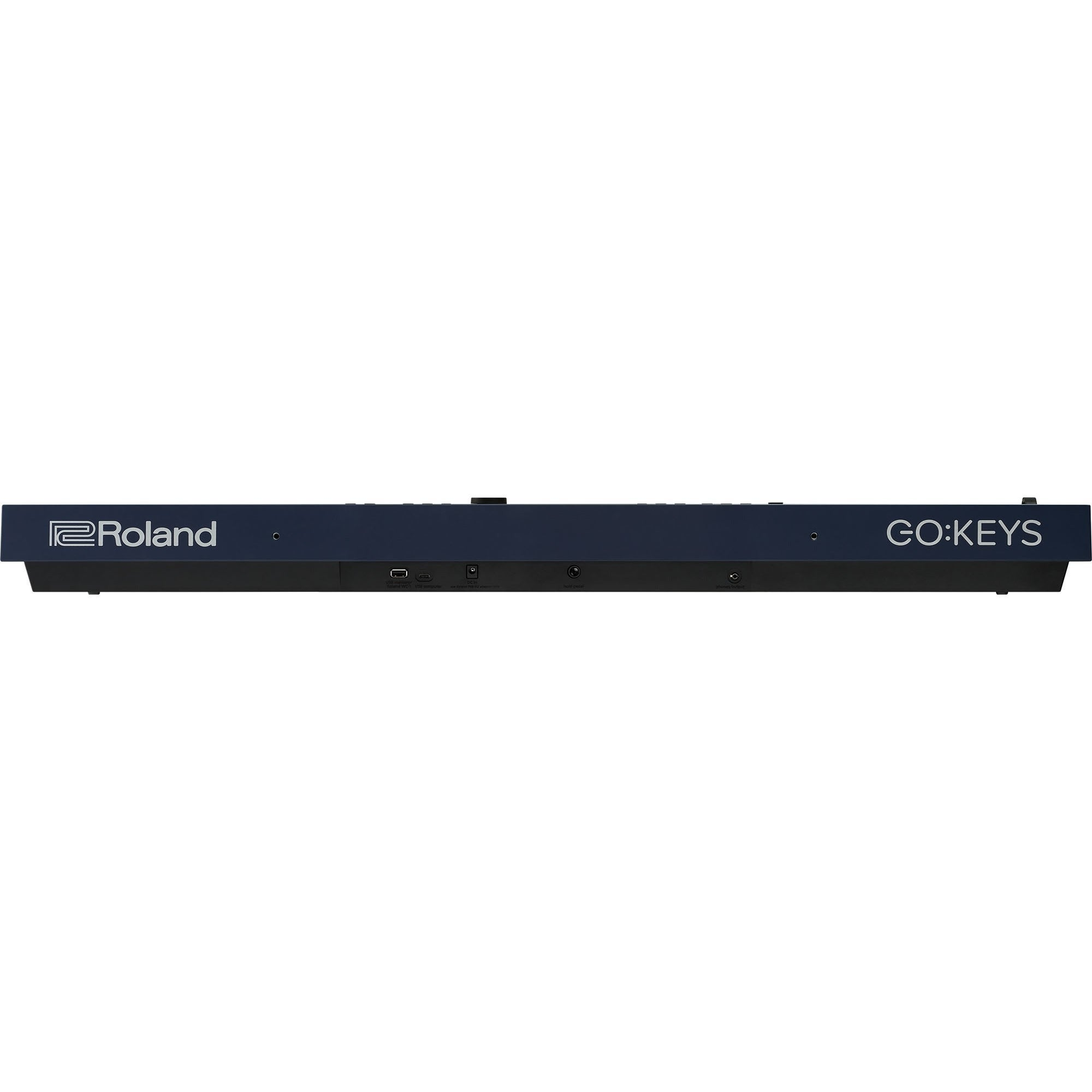 Dark blue Roland GO:KEYS keyboard with ports and logos.
