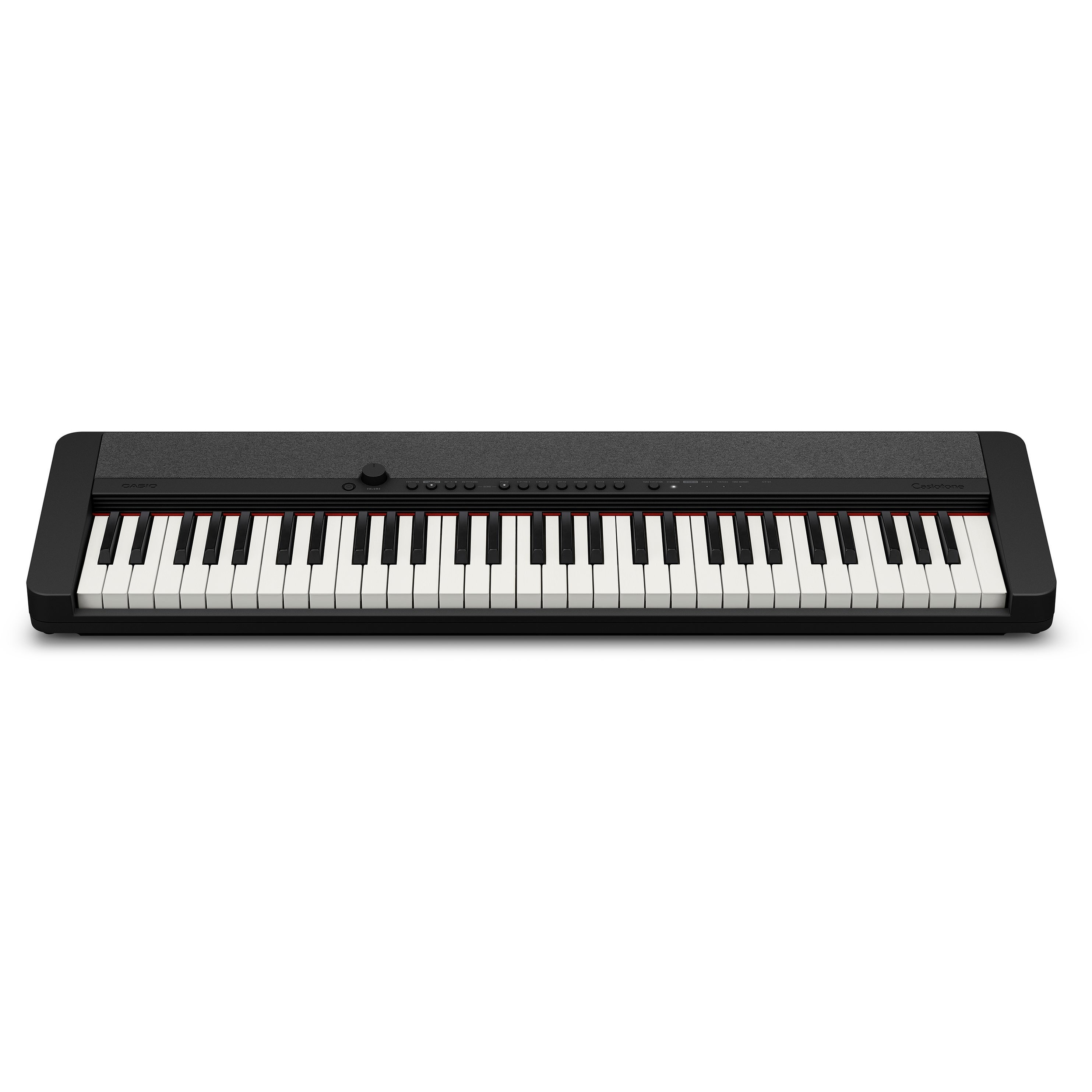 Een zwart, compact keyboard met 61 toetsen en rode accenten.