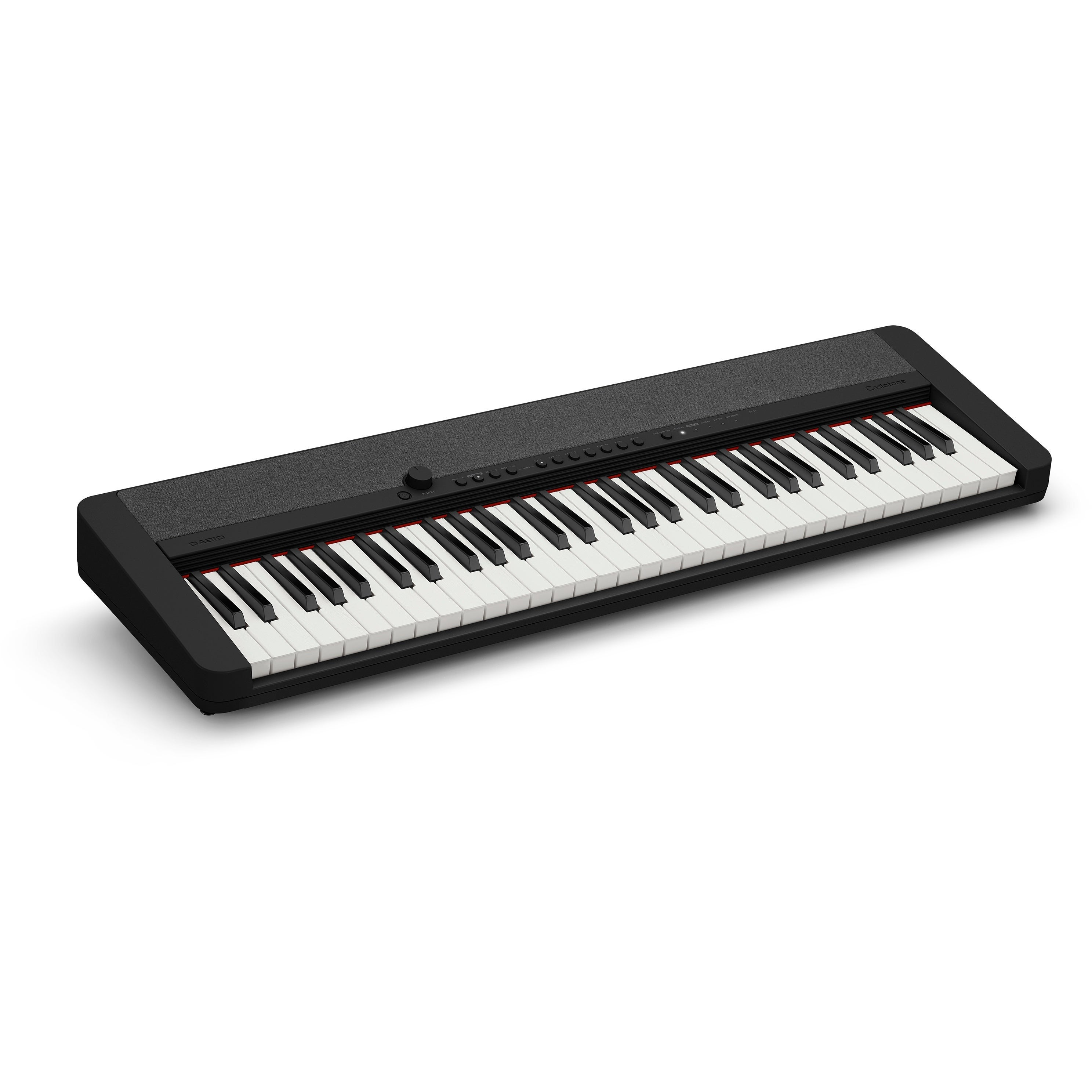 Een zwarte digitale piano met witte en zwarte toetsen.