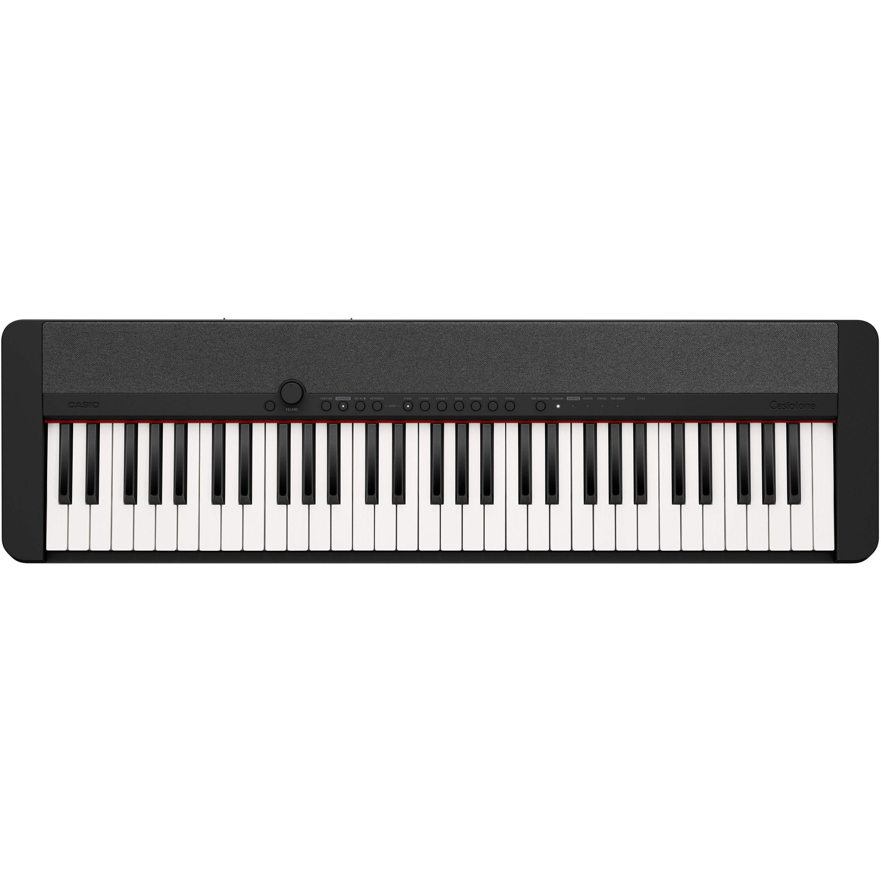 Zwarte Casio digitale piano met 61 toetsen en stoffen bovenkant.