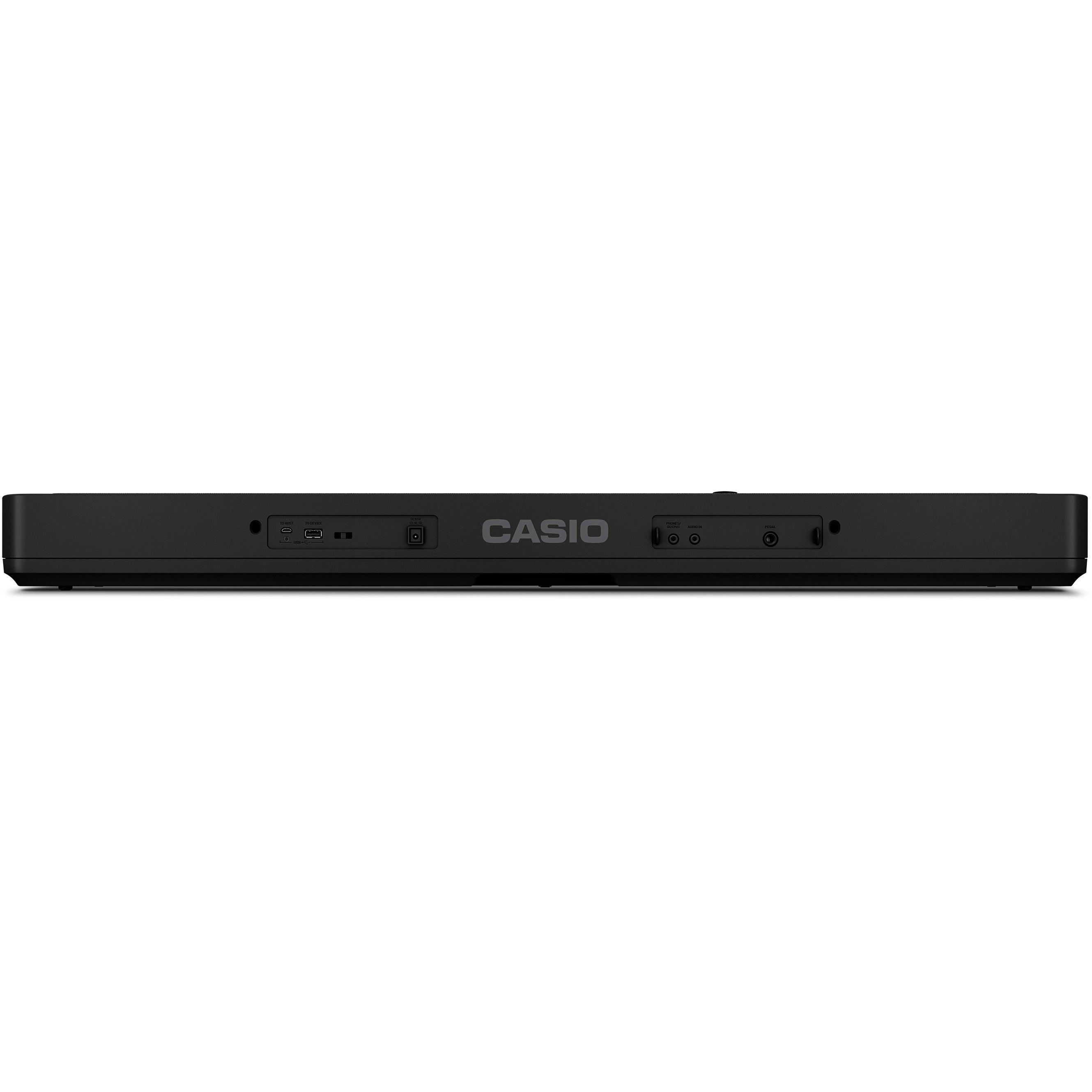 Zwart Casio keyboard met poorten: DC IN, USB, Phones/Audio IN.