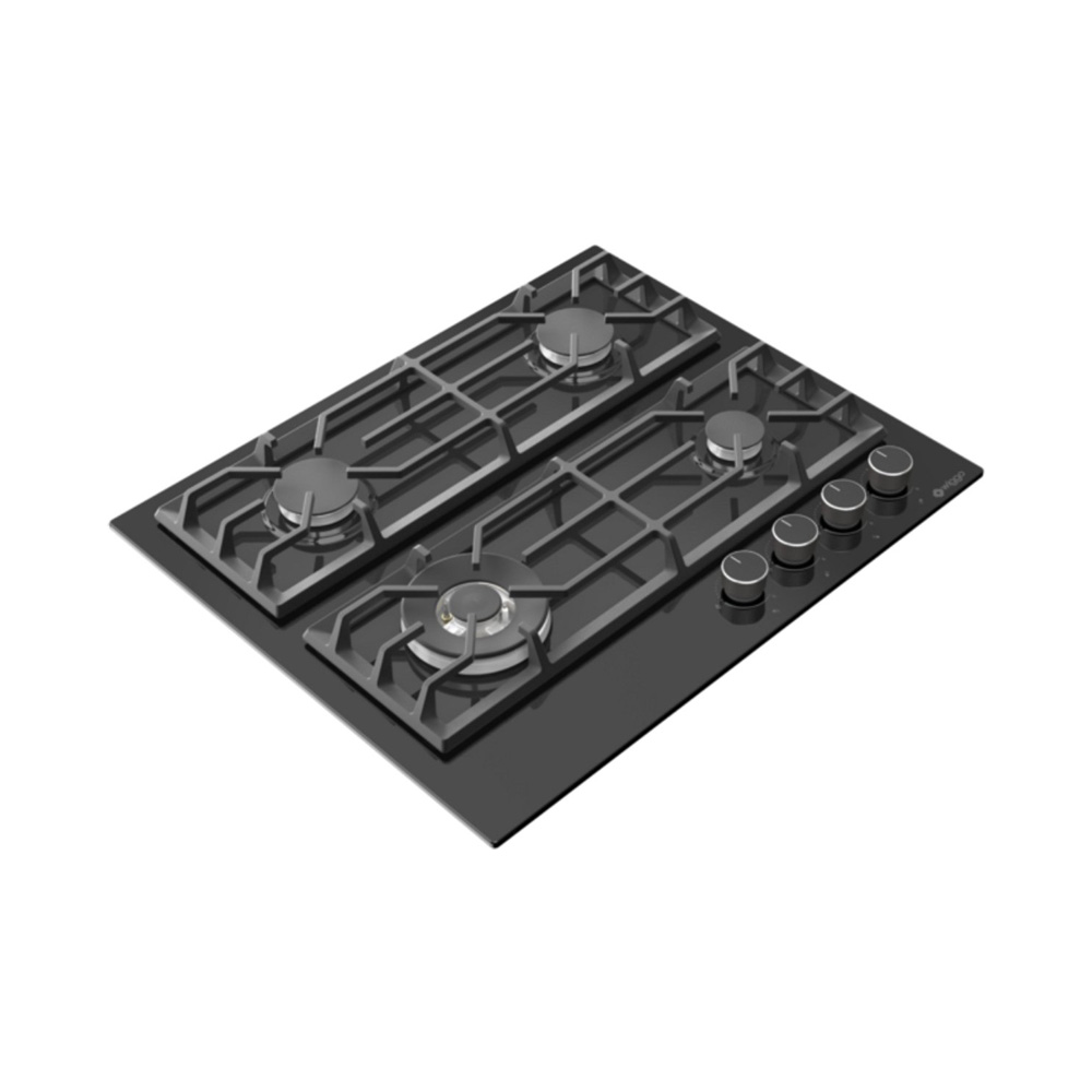 A black stovetop with four burners and four control knobs.