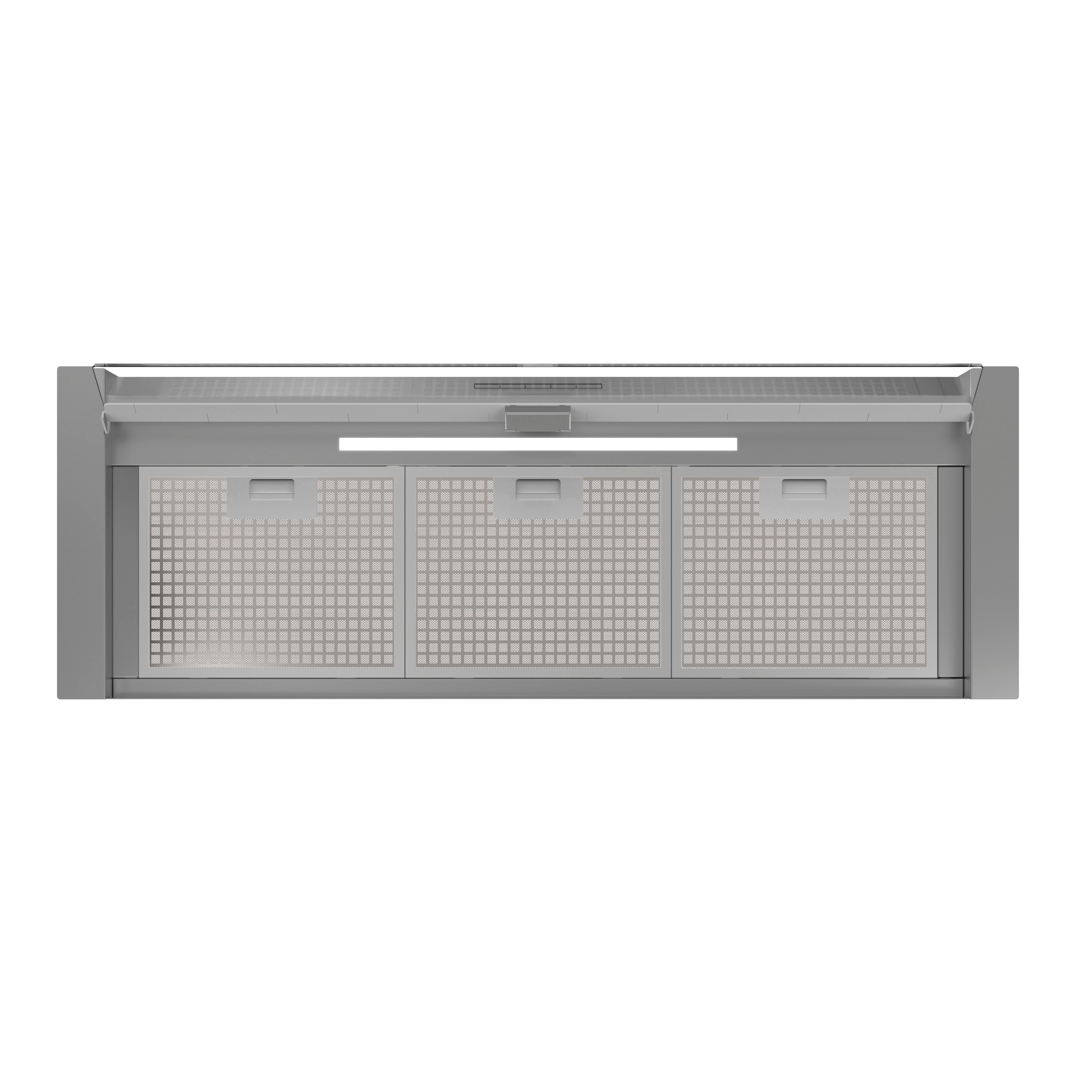 Un filtro de campana extractora gris con tres rejillas.