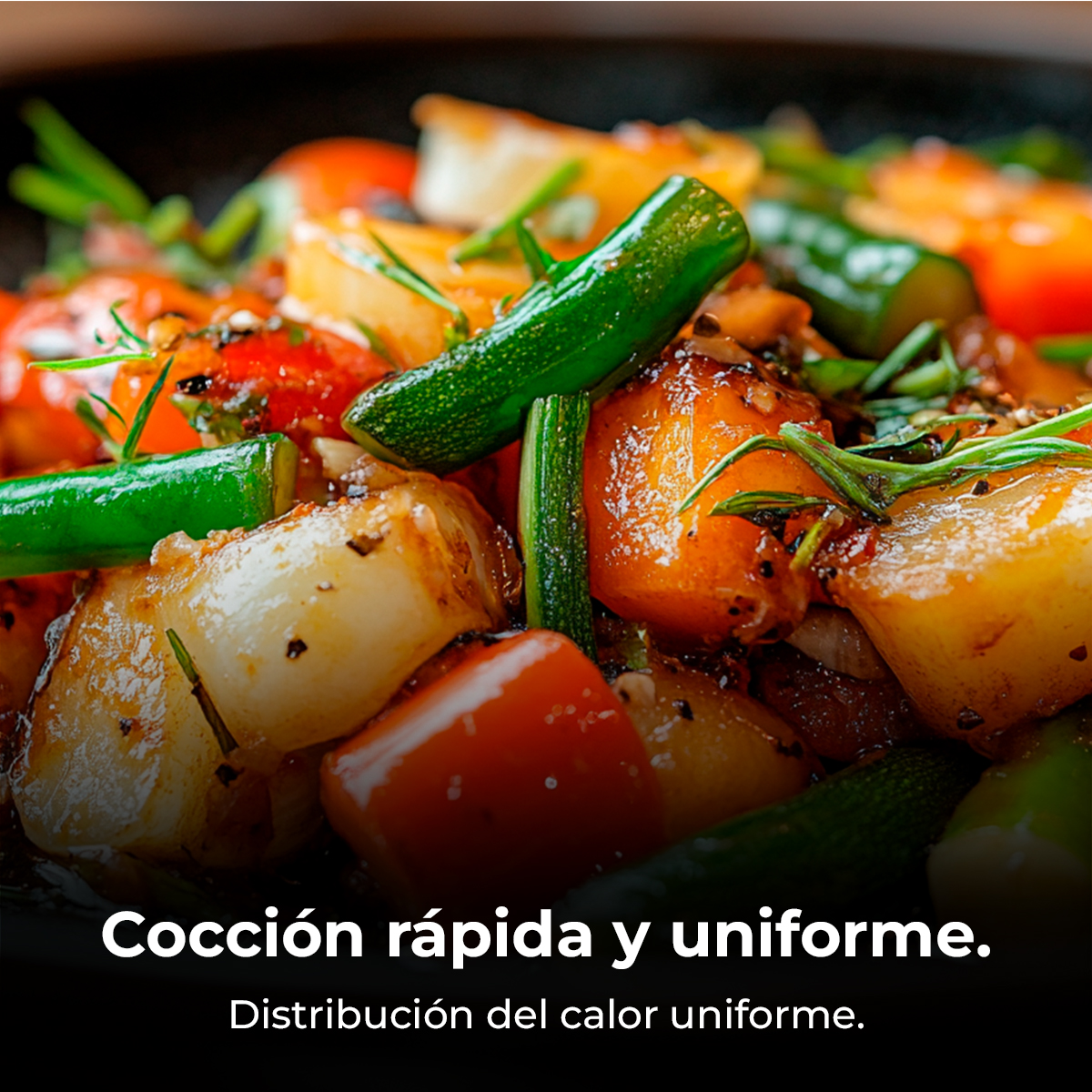 Un piatto di verdure saltate come zucchine, pomodori e patate, guarnito con erbe aromatiche.