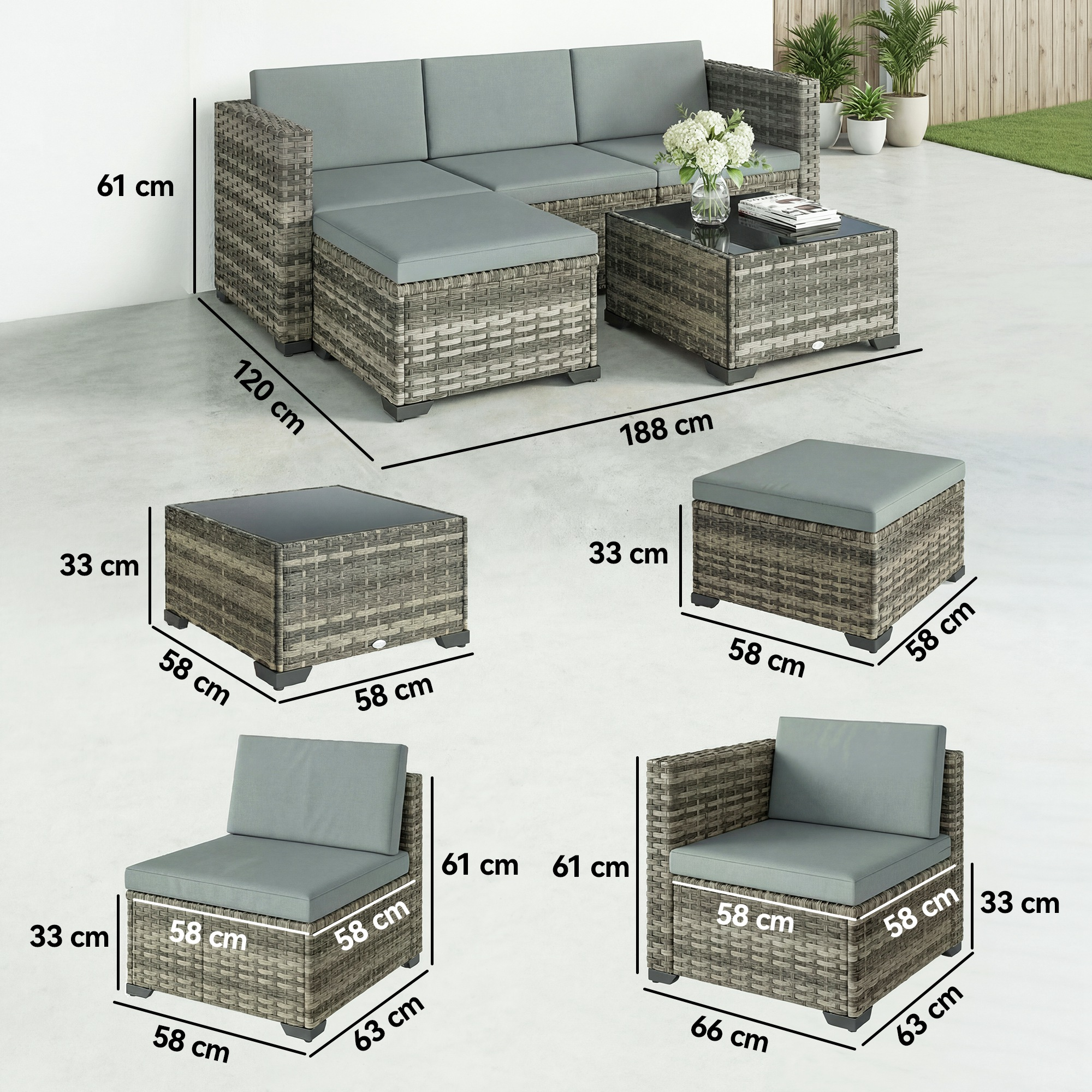 Muebles de exterior de ratán gris con dimensiones: sofá, mesa de centro, otomanas y sillón.