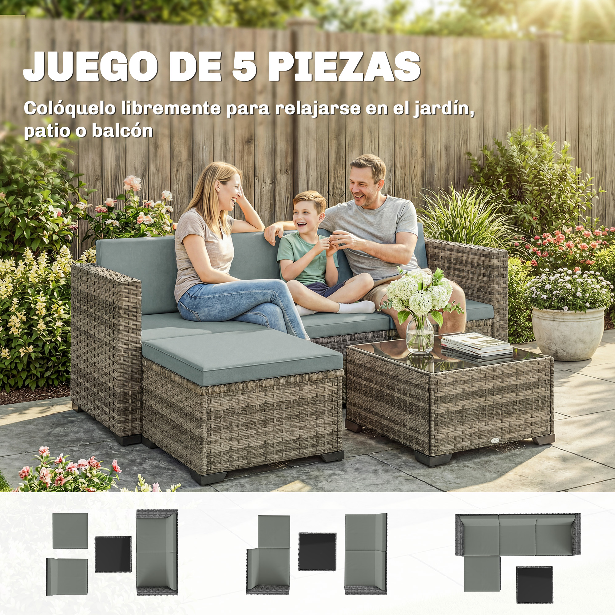 Una familia se relaja en un juego de muebles de exterior de ratán de 5 piezas.