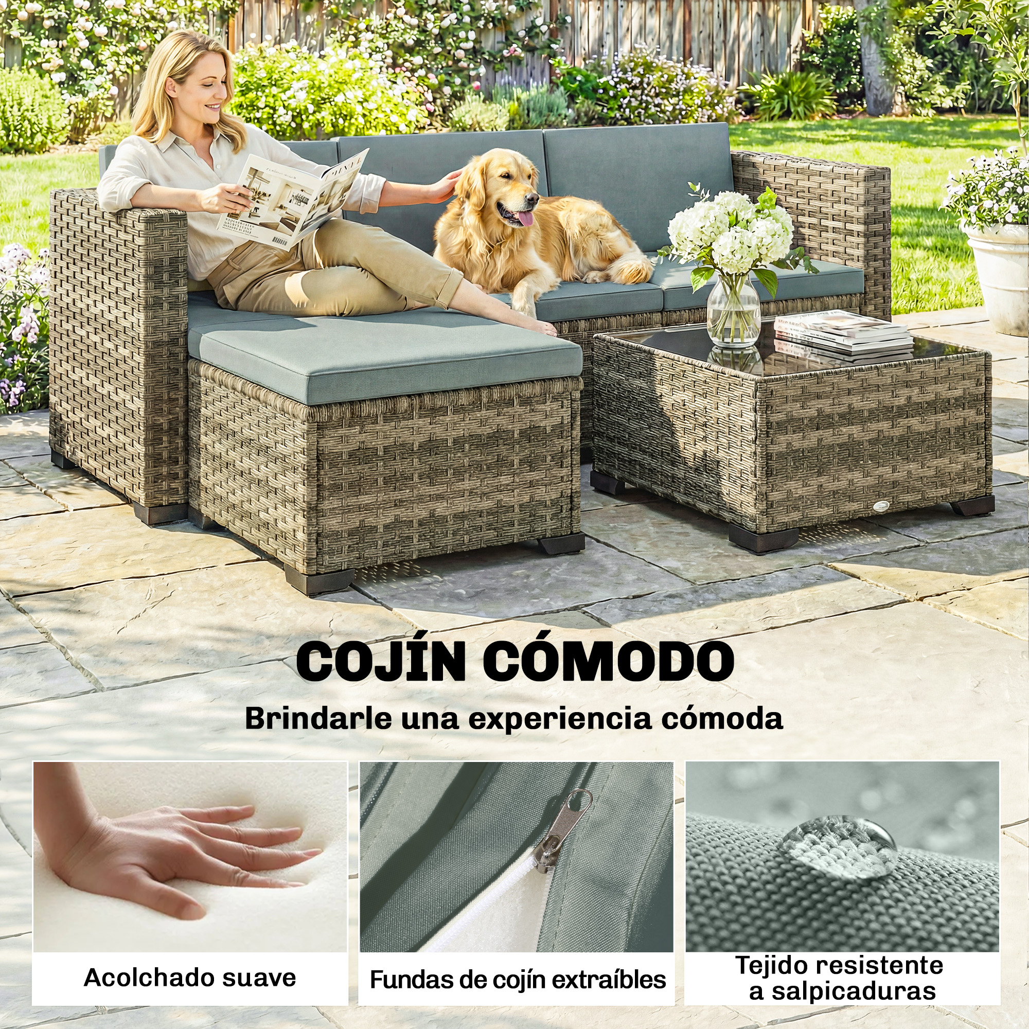 Una mujer lee en un sofá con un perro y cojines en un jardín.