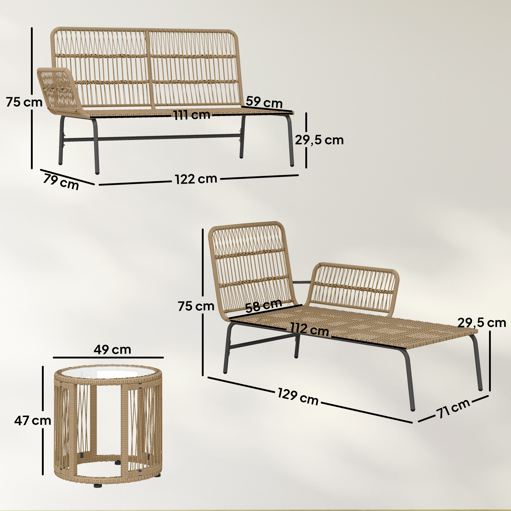 Muebles de ratán tejido: sofá, tumbona y mesa redonda con tapa de cristal.