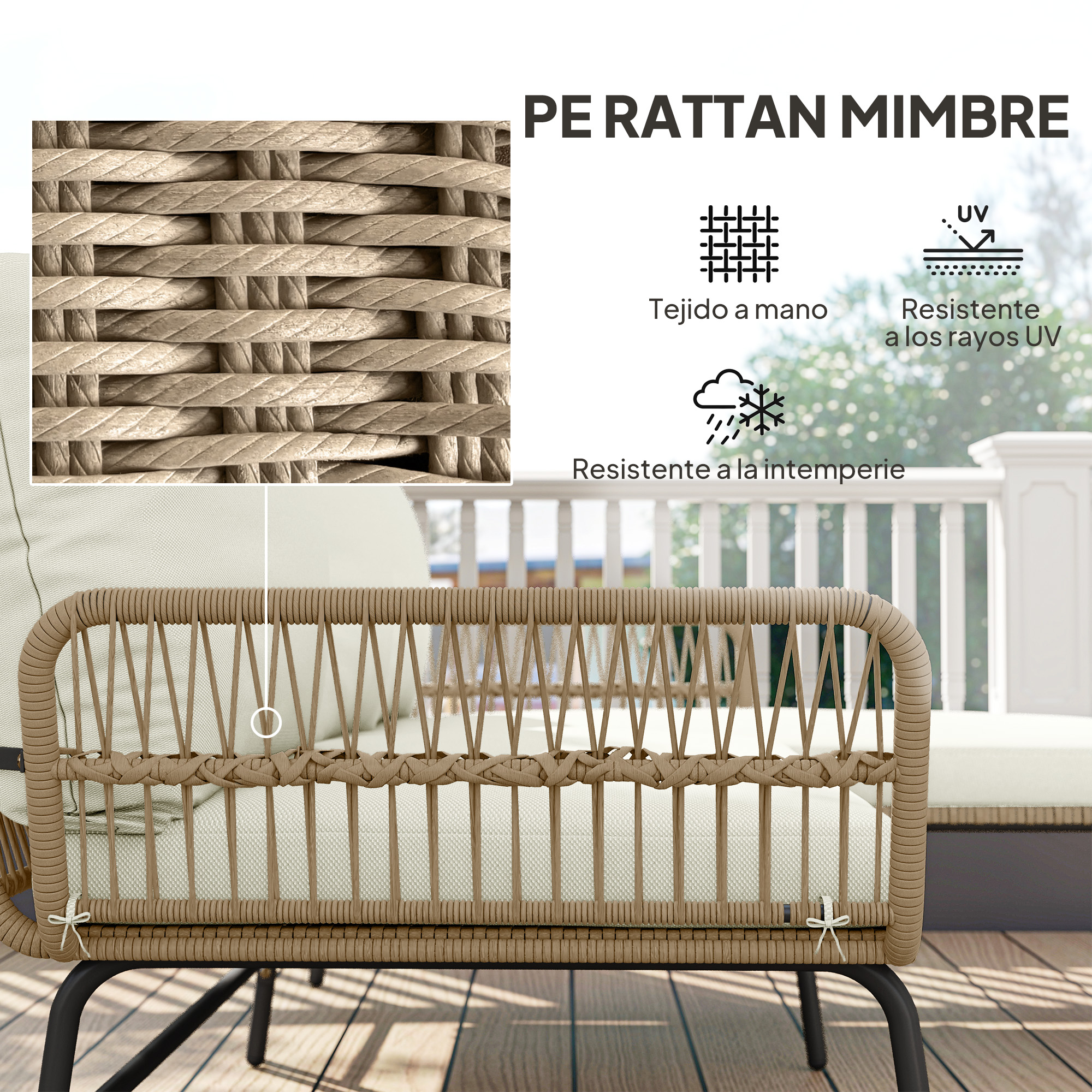 Sillón de ratán marrón con cojines blancos sobre tarima de madera, resistente.
