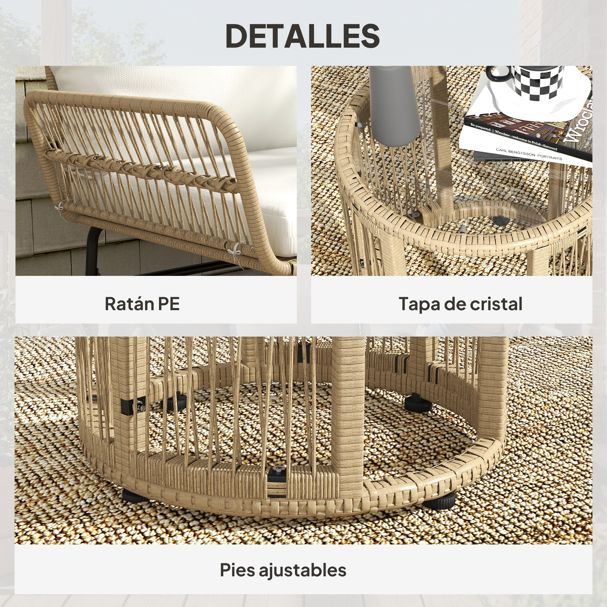 Detalles de una mesa de ratán: superficie de cristal, base y patas ajustables.