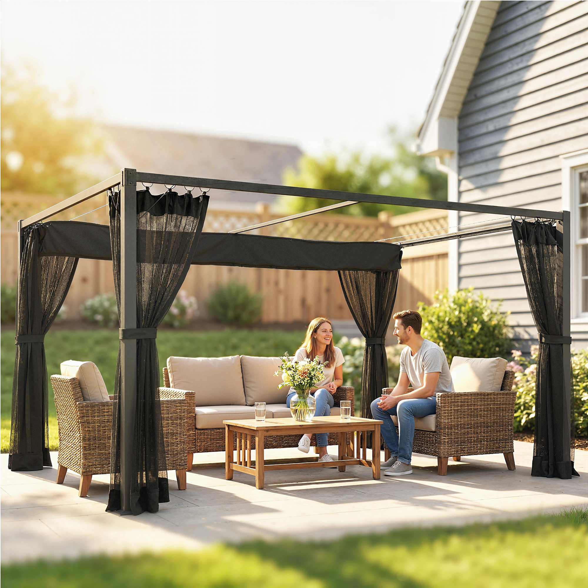 Una pareja se sienta en muebles de exterior bajo una pérgola negra con cortinas.