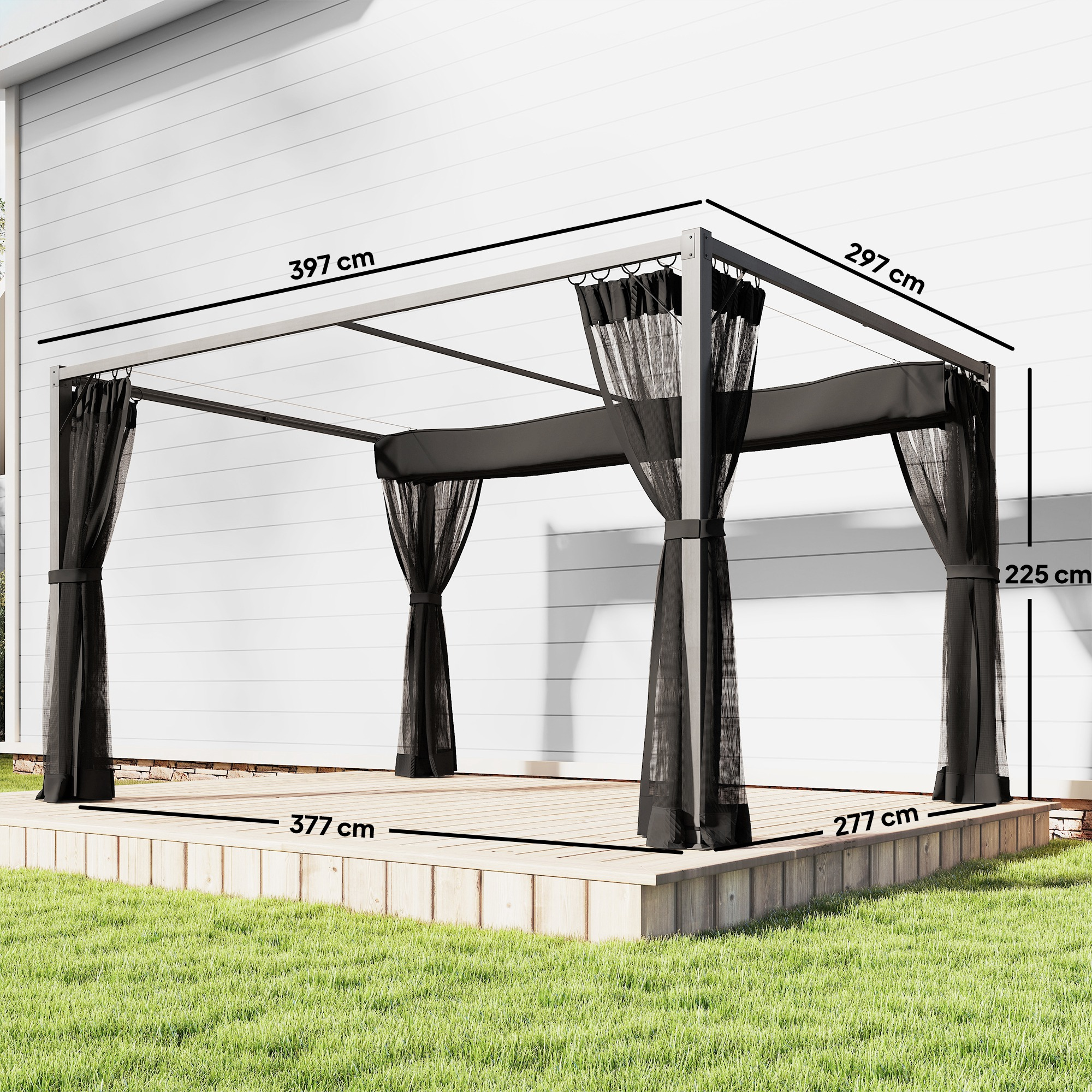 Un gazebo moderno con cortinas negras sobre una terraza de madera. Se muestran las dimensiones.