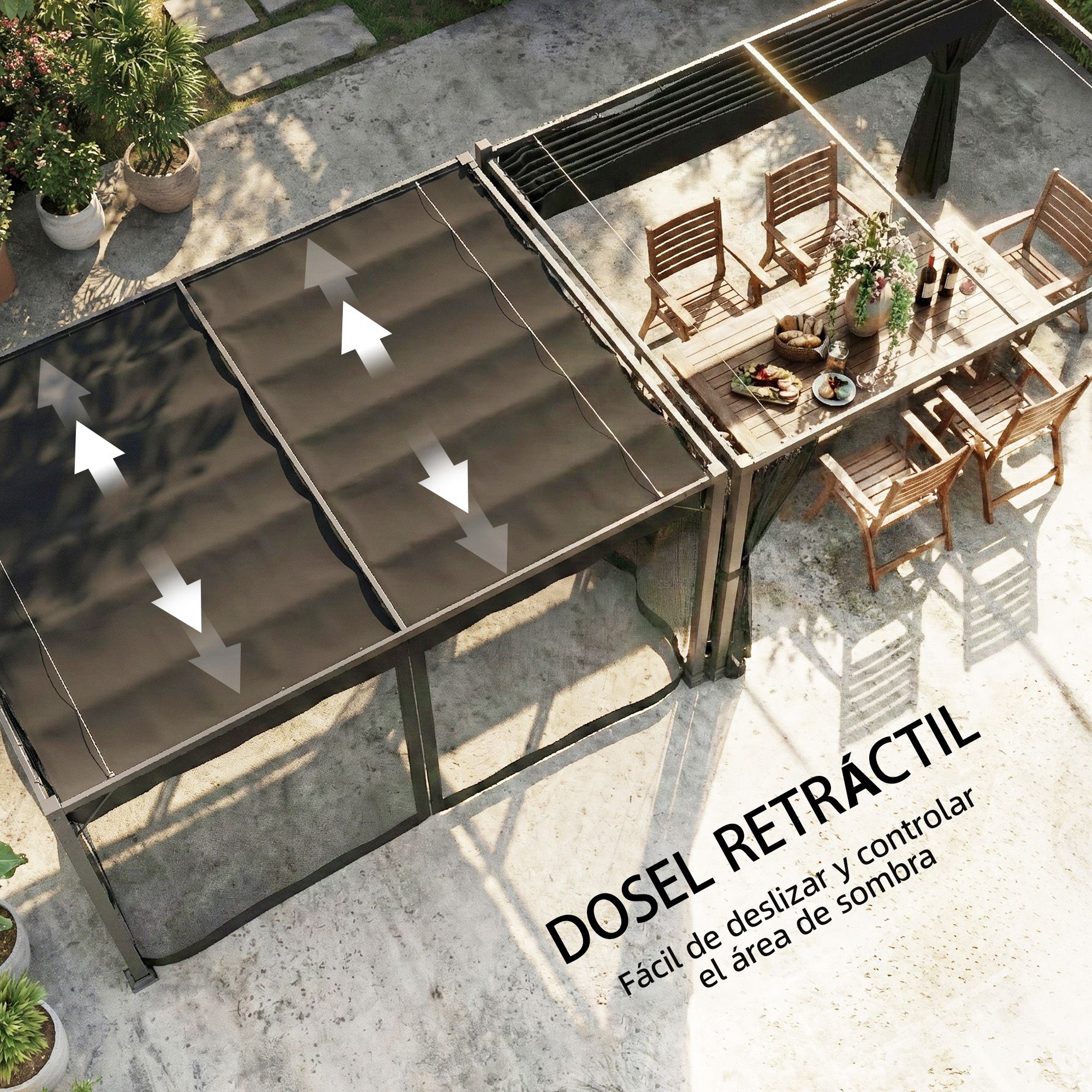 Área de comedor exterior con mesa, sillas y plantas. Toldo retráctil con flechas.