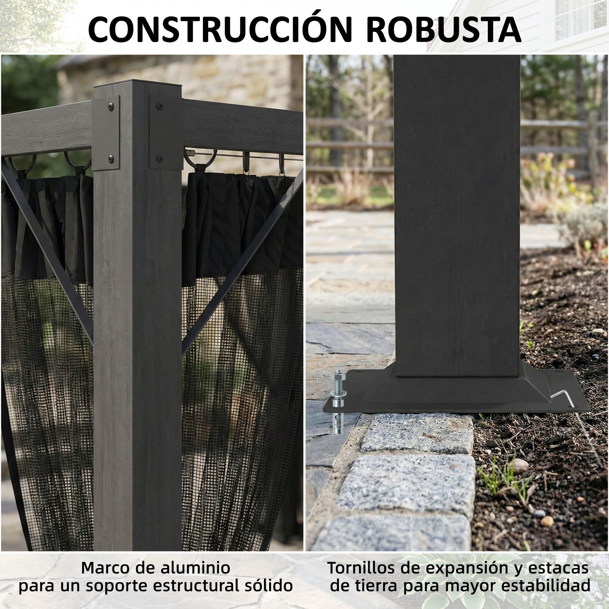 Marco robusto con estructura de aluminio y anclajes.