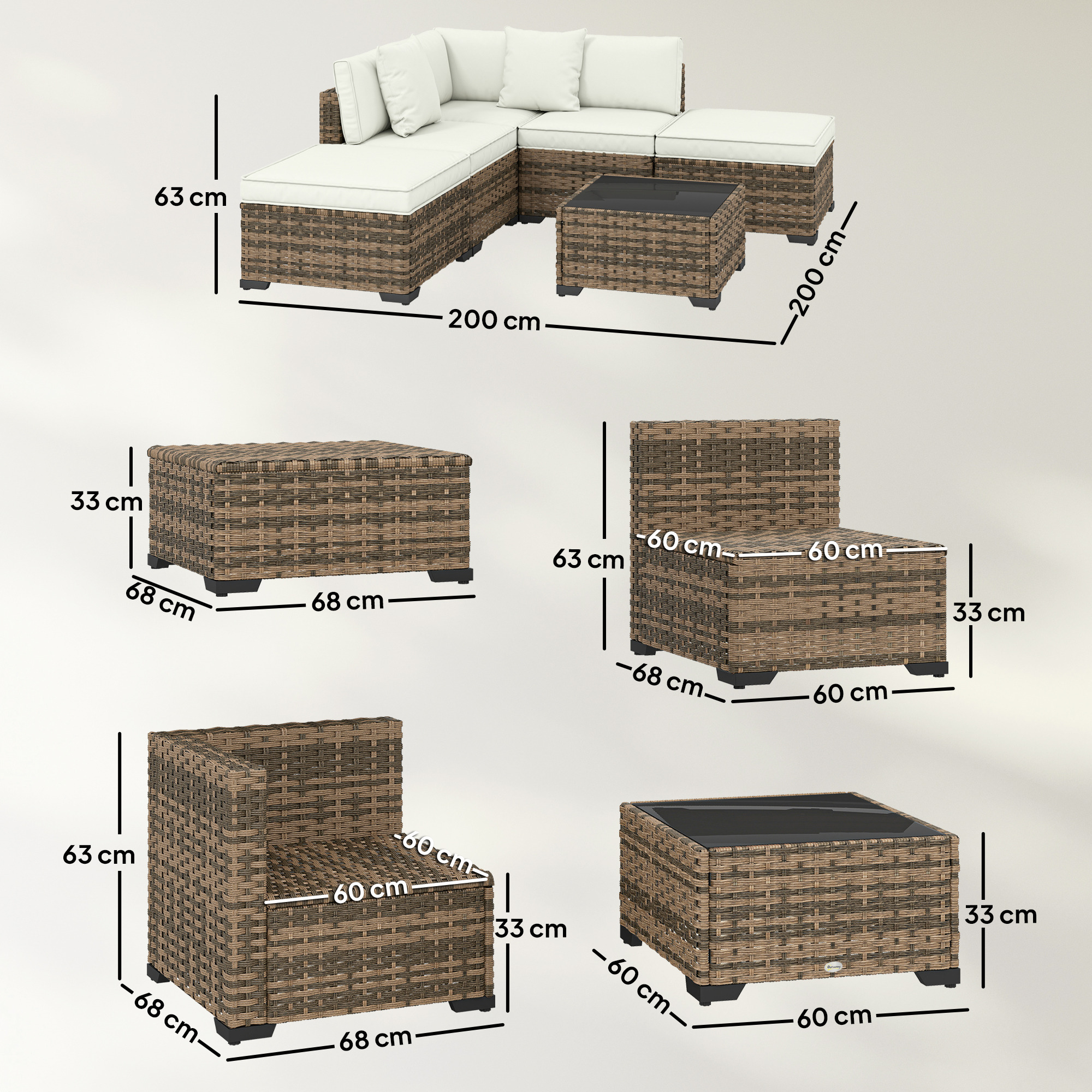 Conjunto de muebles de patio de mimbre marrón con cojines blancos. Se muestran las dimensiones.