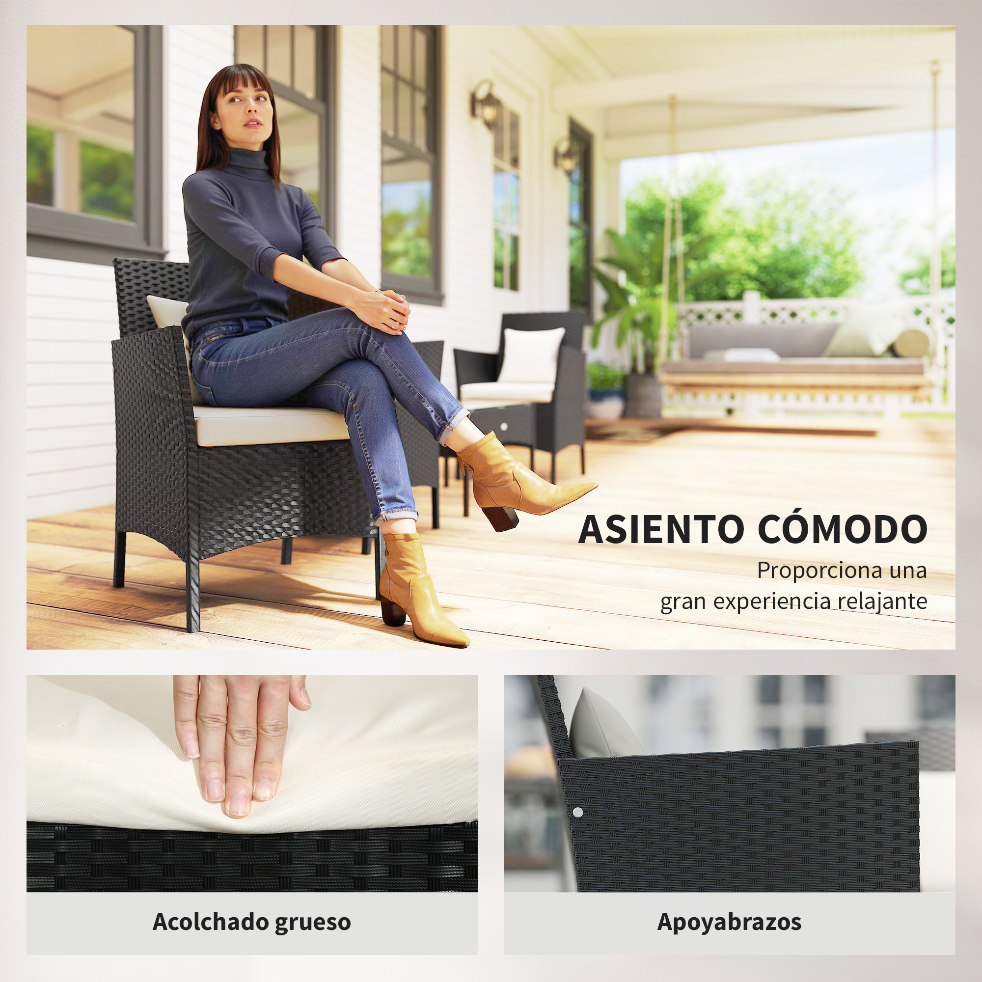 Mujer sentada en silla de mimbre en porche con columpio detrás.