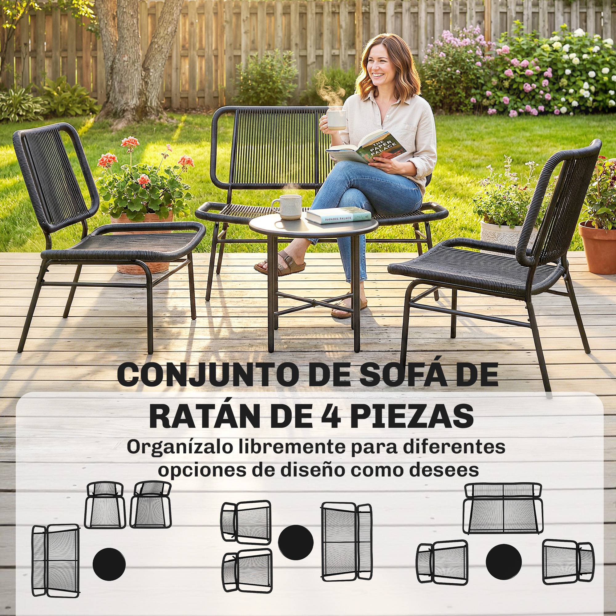 Mujer leyendo en sofá de patio con taza de café, rodeada de sillas.