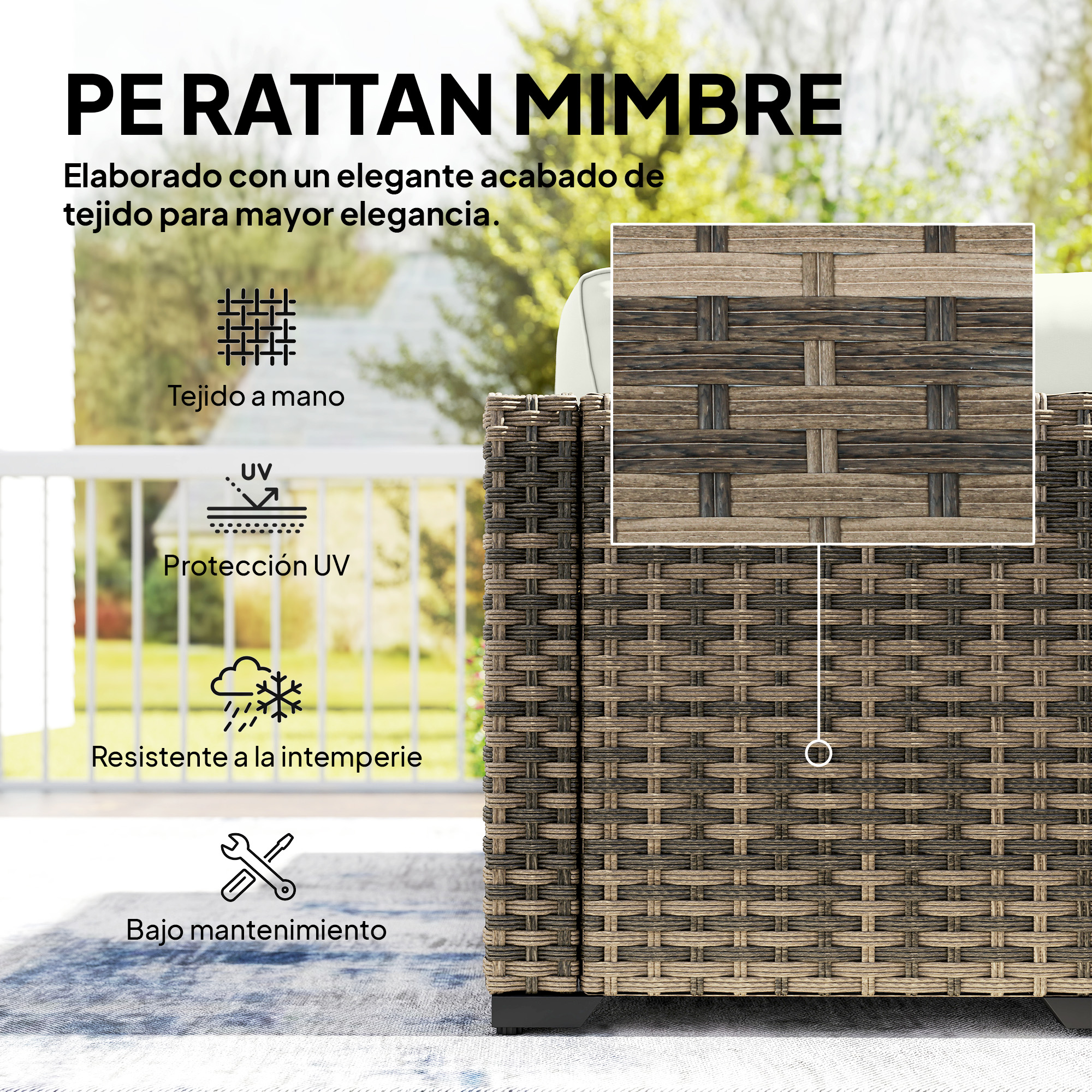 Mueble de ratán PE tejido con protección UV y resistencia a la intemperie.