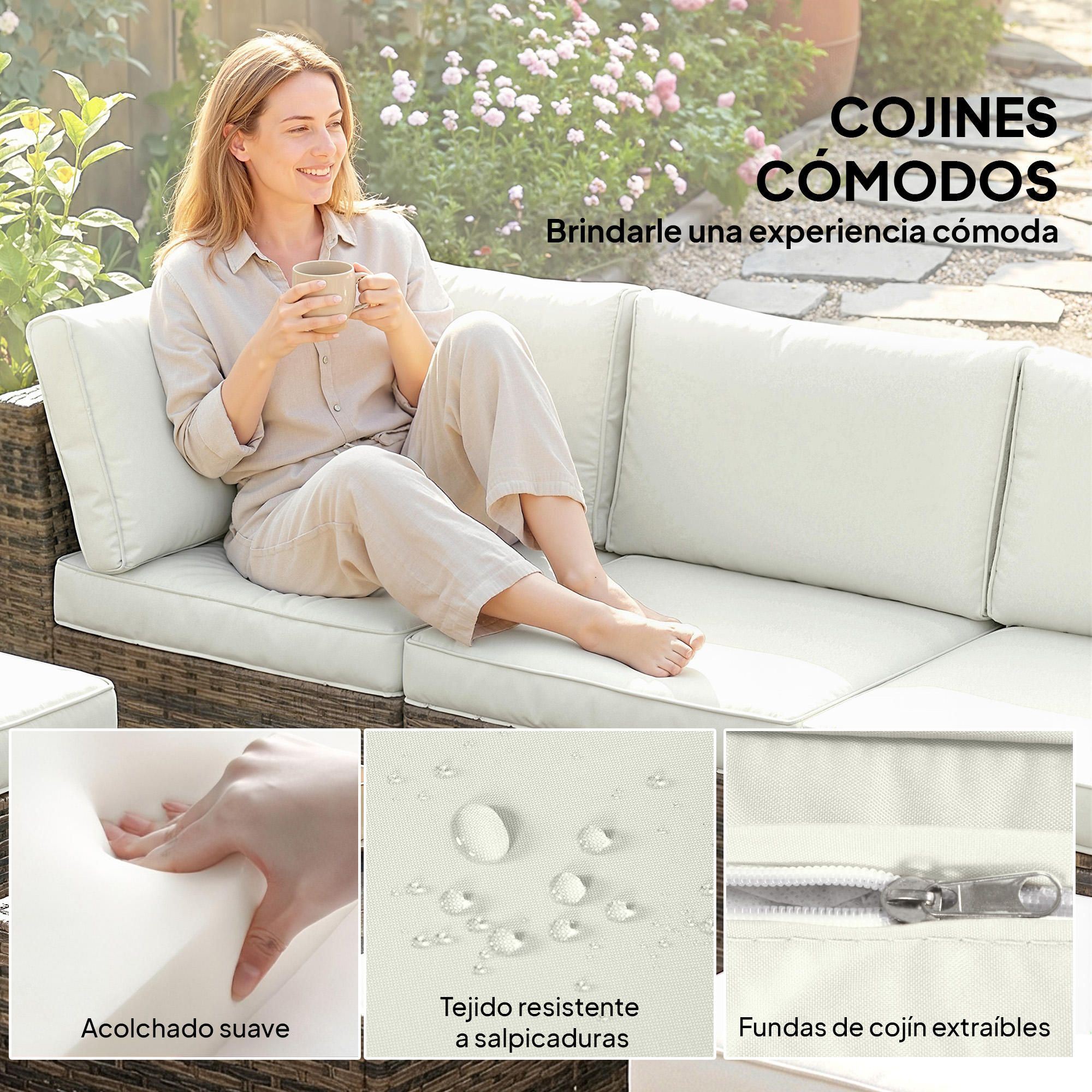Mujer en un sofá de jardín con cojines blancos, sosteniendo una taza.