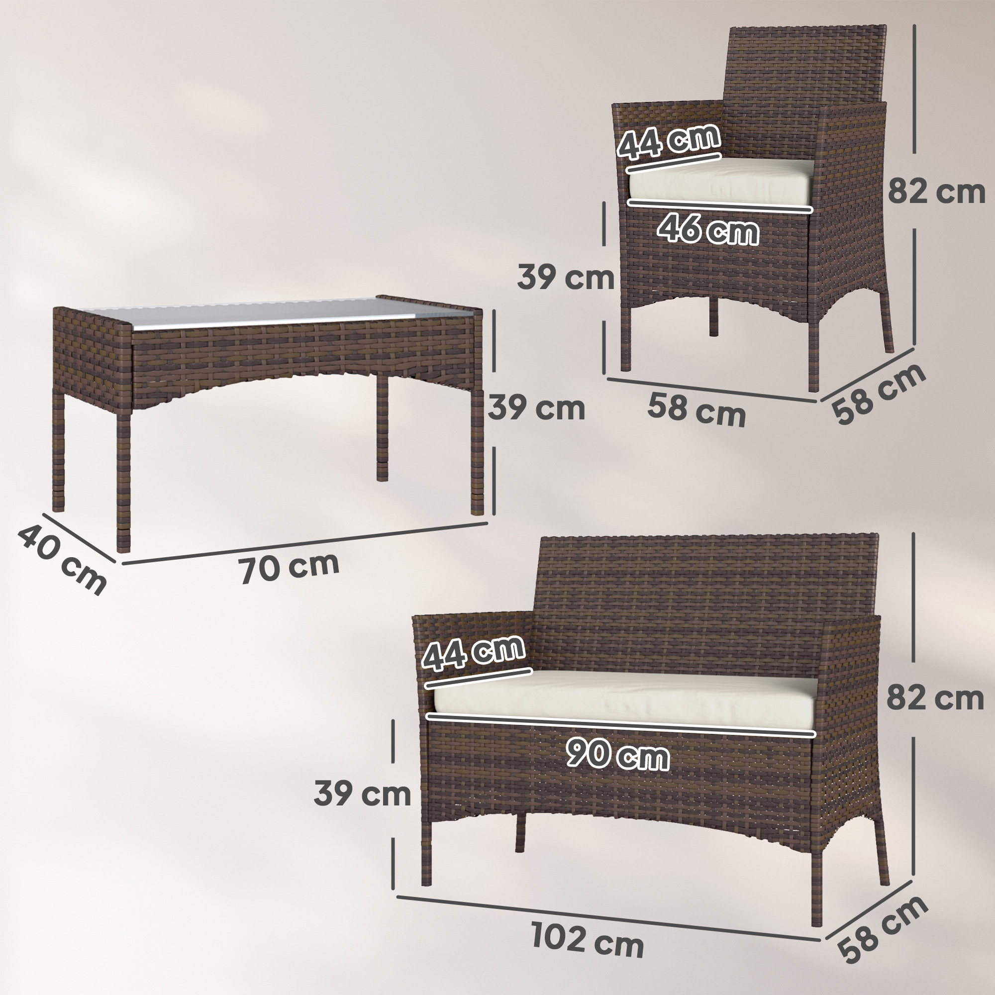 Sillón, sofá y banco de ratán marrón con cojines blancos y dimensiones.