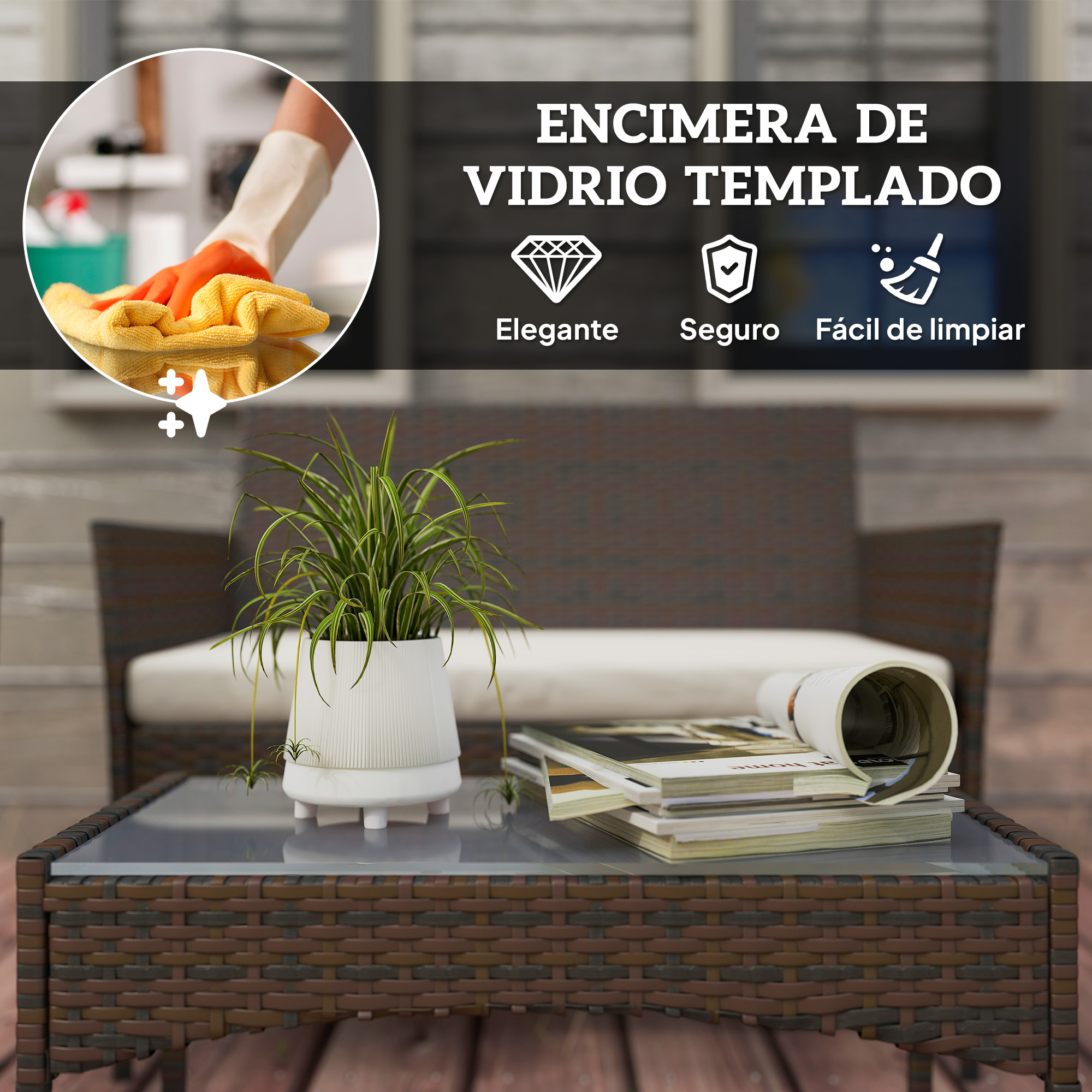 Una mesa con tapa de cristal, una planta y revistas encima. Un sillón al fondo.