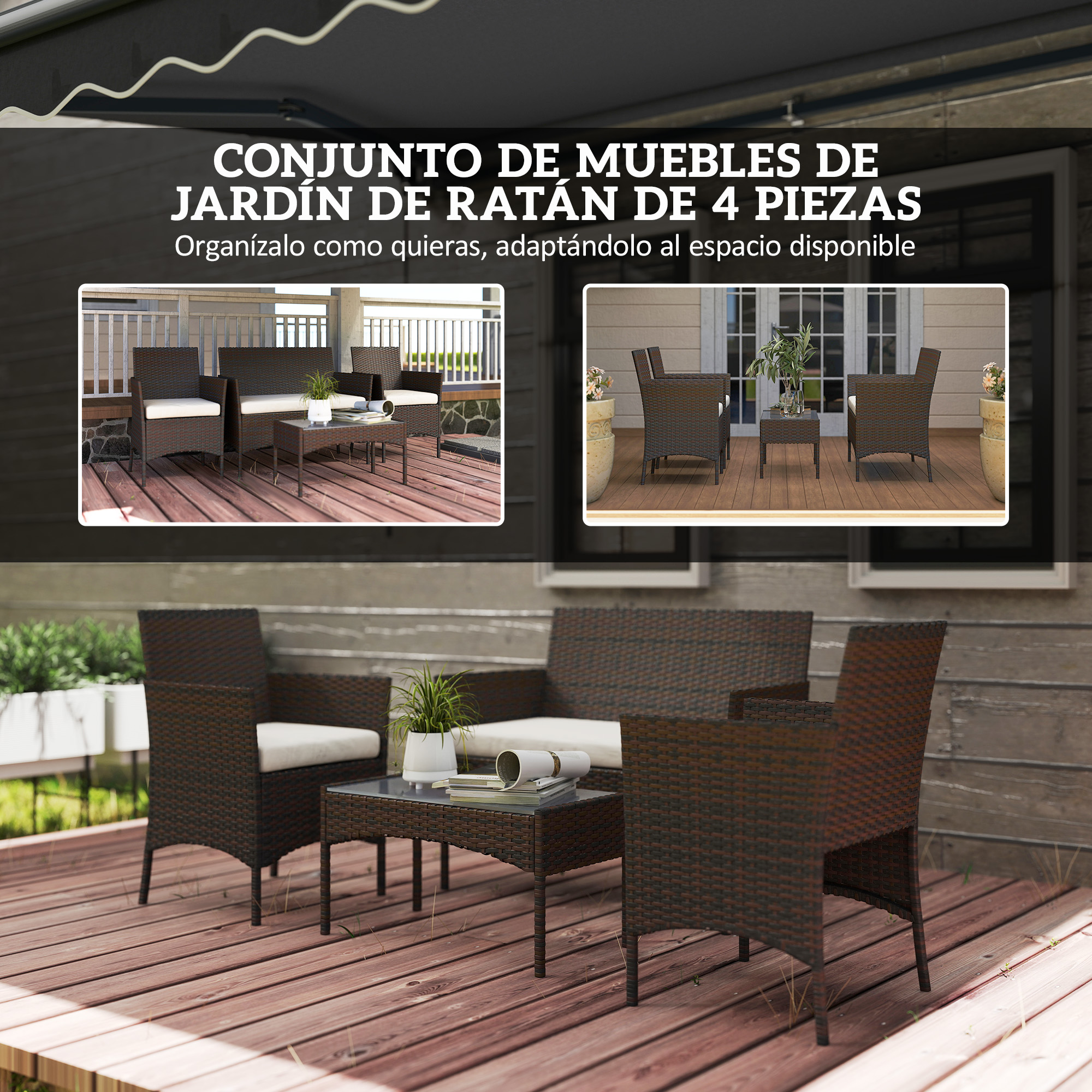 Conjunto de sofá de ratán marrón con cojines blancos.