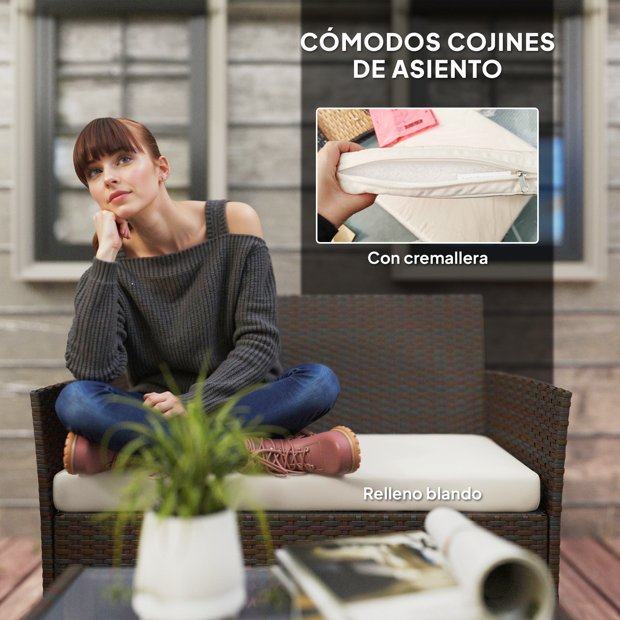 Mujer sentada en sofá de ratán con cojines beige. Primer plano de cremallera en cojín.