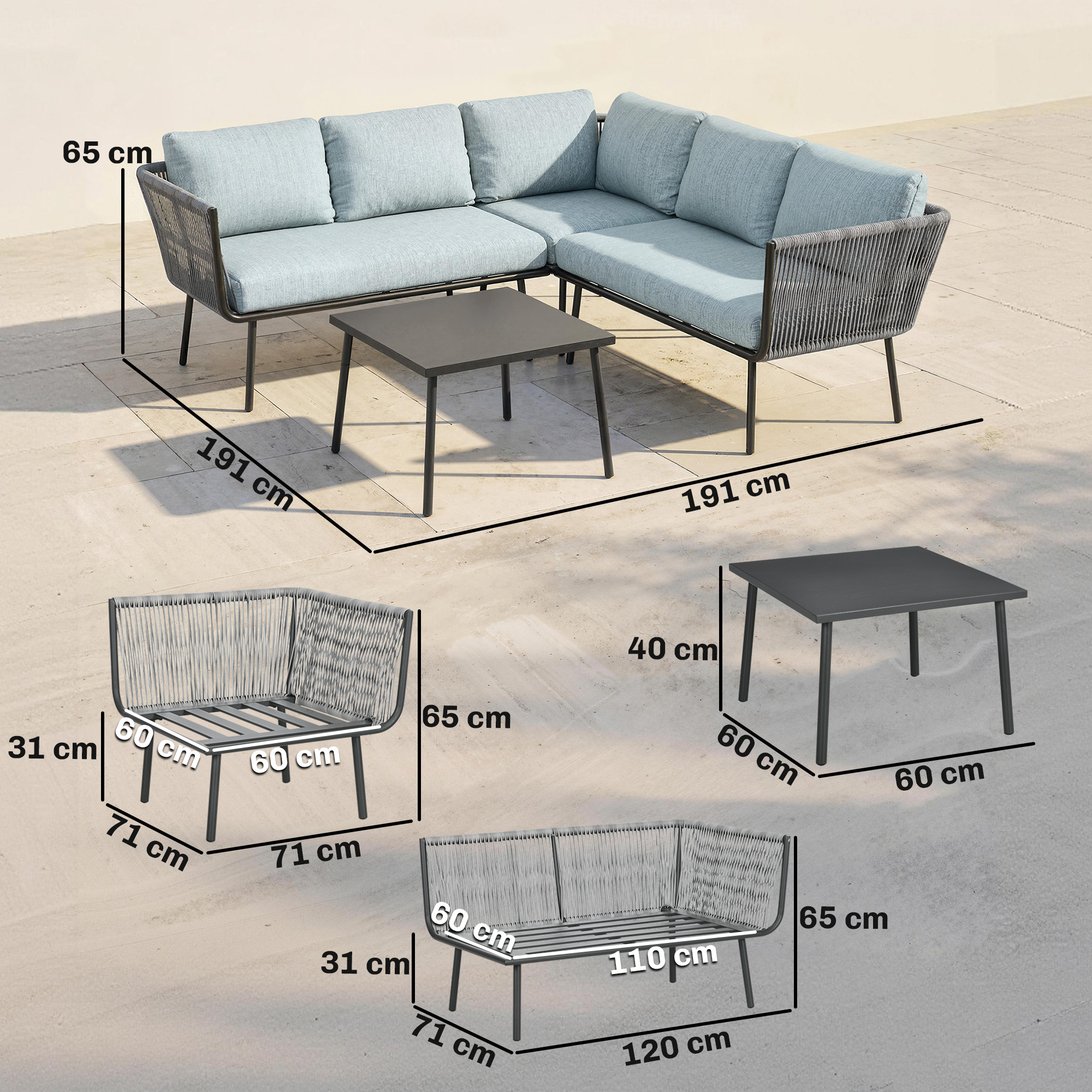 Sofá seccional de exterior y mesa de centro con dimensiones.